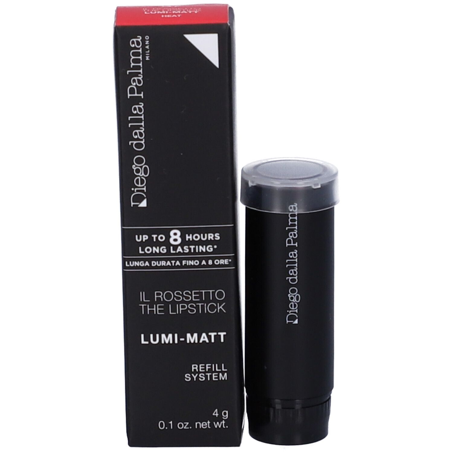 Rossetto e confezione. Rossetto nero con coperchio trasparente. Confezione con testo.