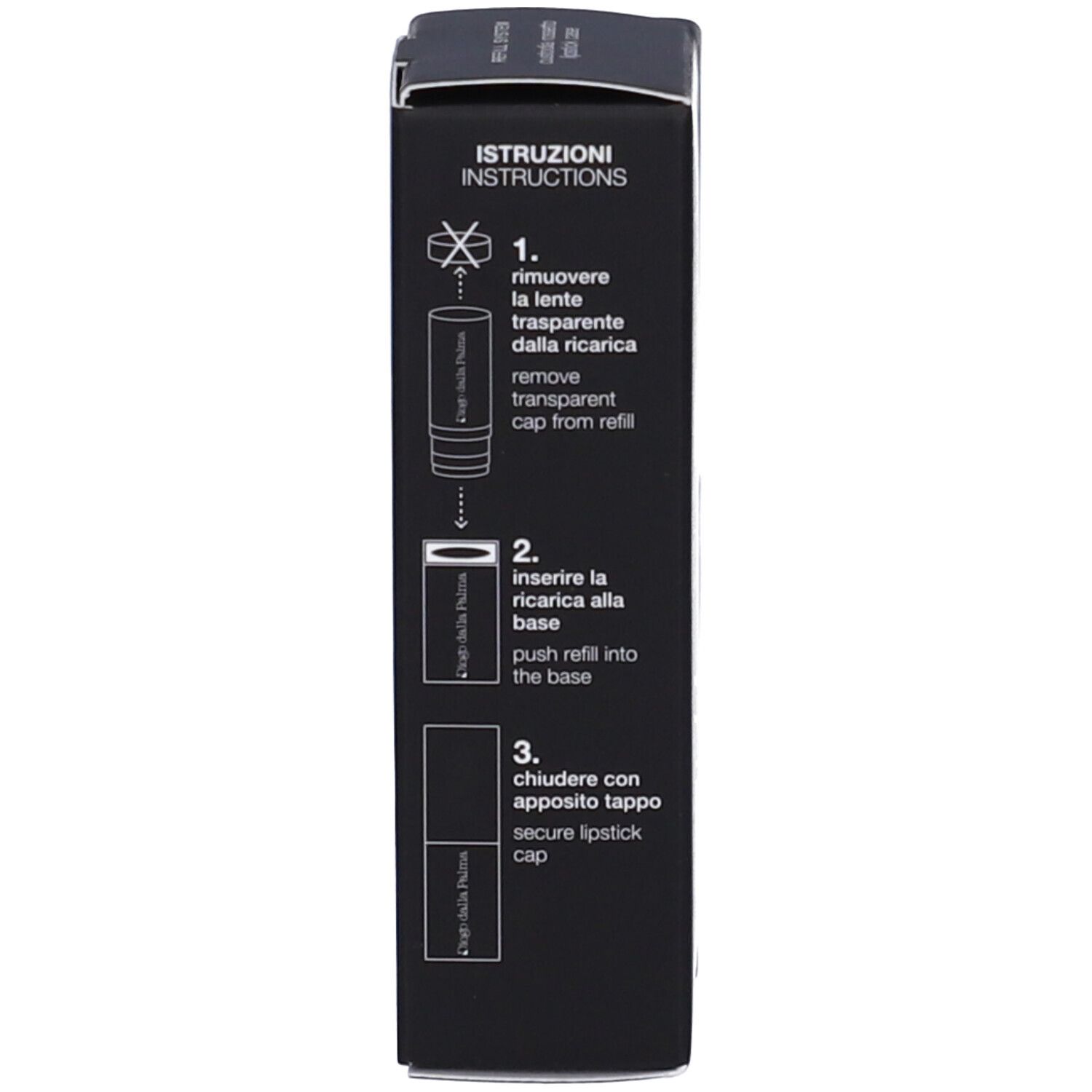 Retro della confezione nera con istruzioni per ricaricare il rossetto. Testo in italiano.