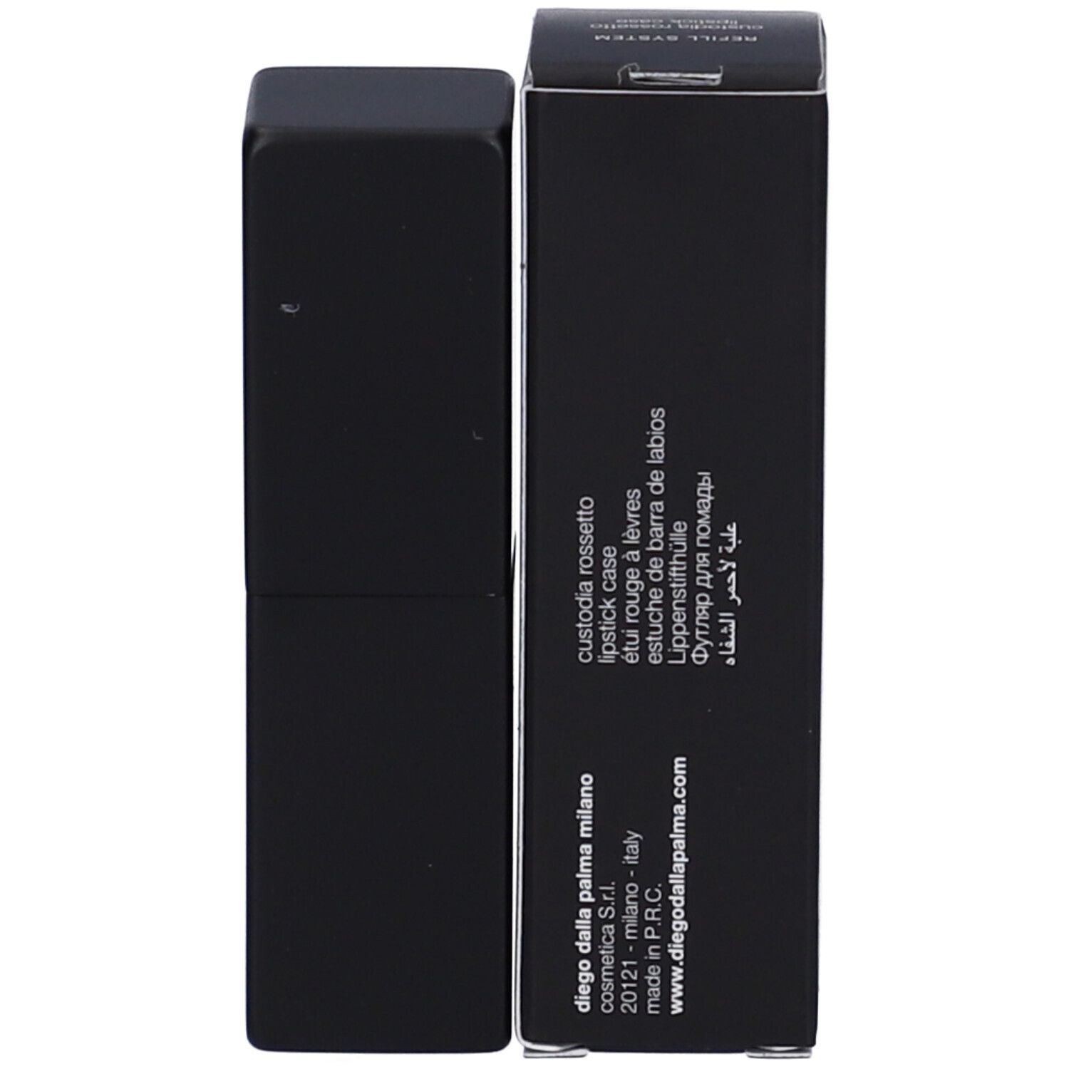 Custodia rossetto nera e confezione. Sulla confezione è scritto "Custodia Rossetto". Testo multilingue.