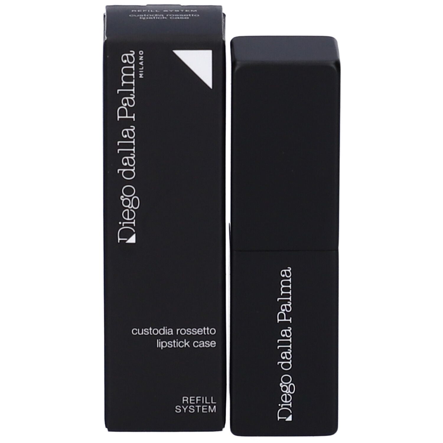 Custodia rossetto nera Diego Dalla Palma e confezione. Sulla confezione è scritto "Custodia Rossetto".