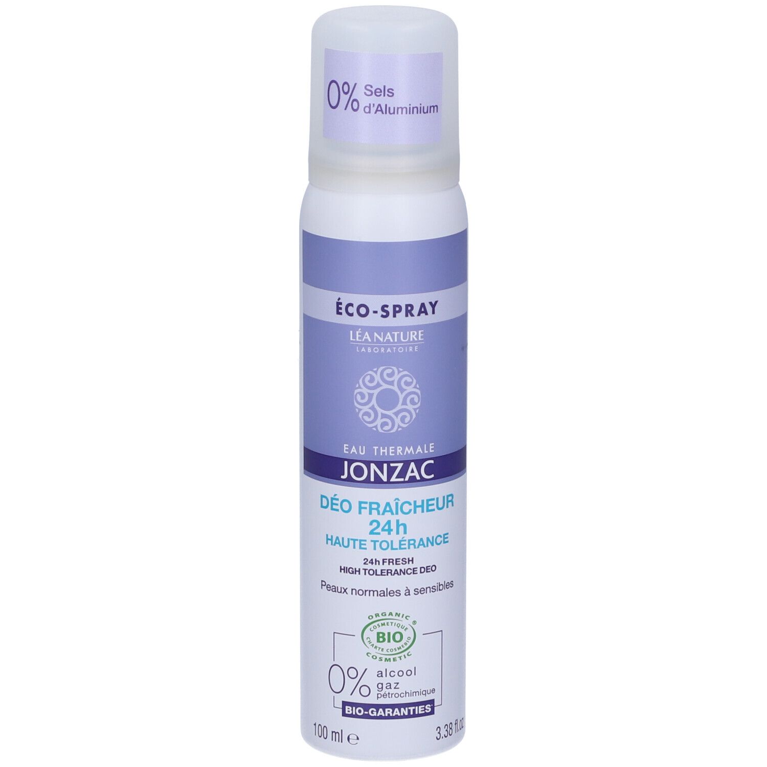 Flacone spray bianco-viola. Testo: Eau Thermale Jonzac, Déo Fraîcheur 24h, Haute Tolérance. 0% sali di alluminio.