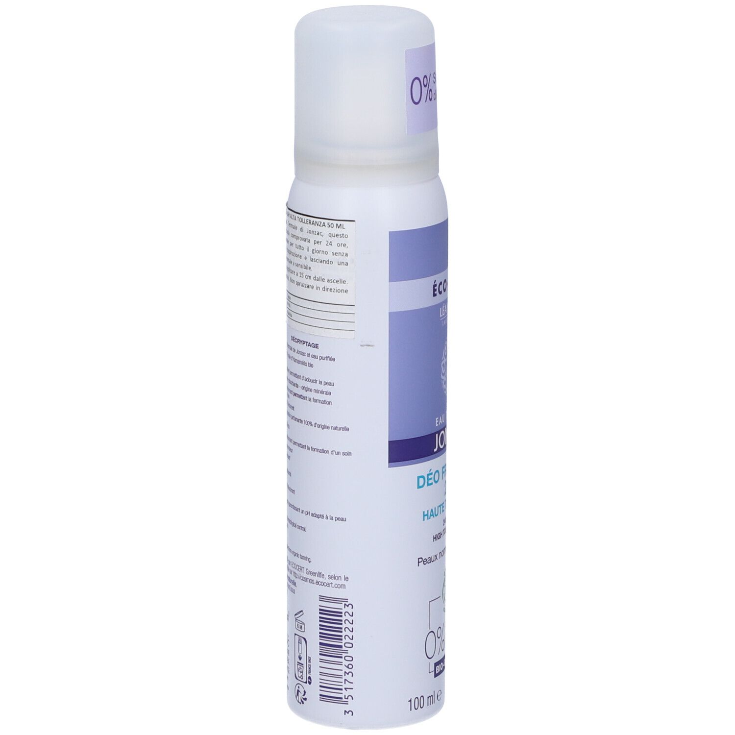 Vista laterale del flacone spray. Testo: ingredienti, istruzioni per l'uso, informazioni produttore.