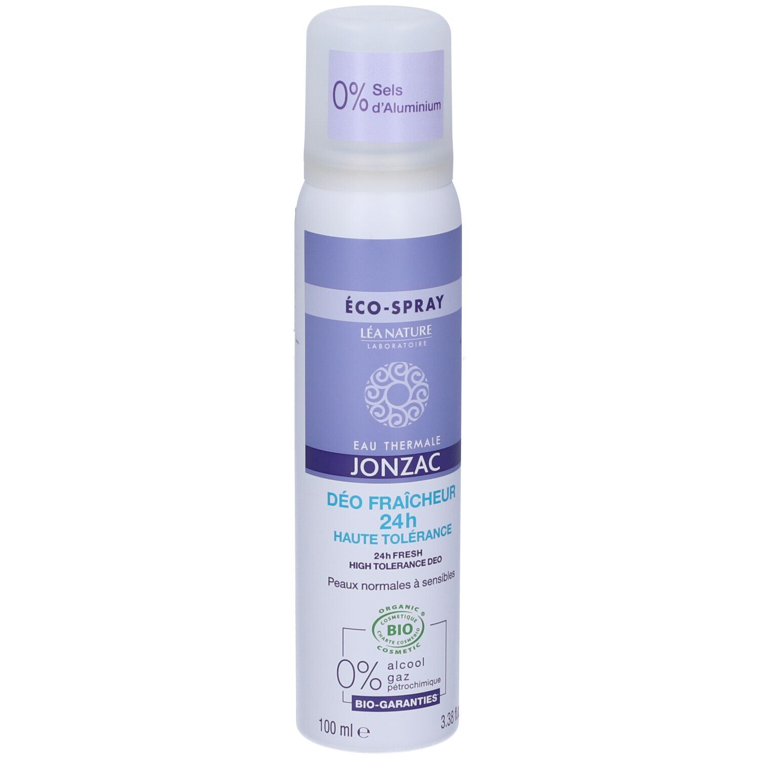 Flacone spray bianco-viola. Testo: Eau Thermale Jonzac, Déo Fraîcheur 24h, Haute Tolérance. 0% sali di alluminio.