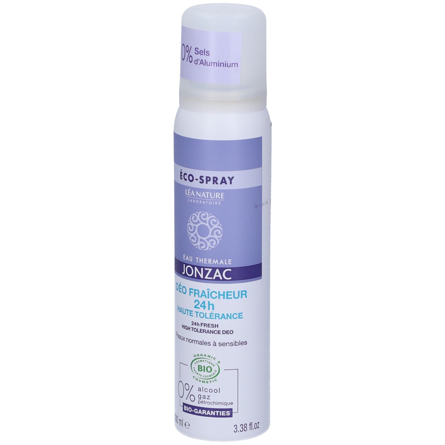 Flacone spray bianco-viola. Testo: Eau Thermale Jonzac, Déo Fraîcheur 24h, Haute Tolérance. 0% sali di alluminio.