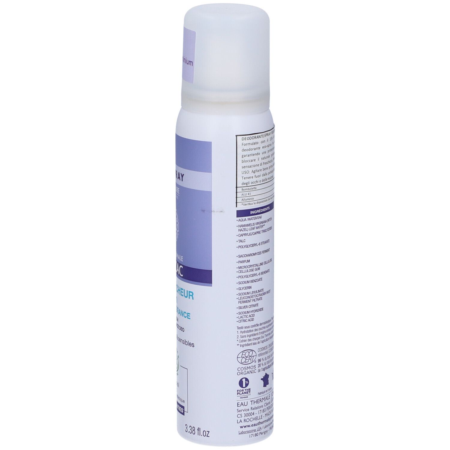 Vista laterale del flacone spray. Testo: ingredienti, istruzioni per l'uso, informazioni produttore.