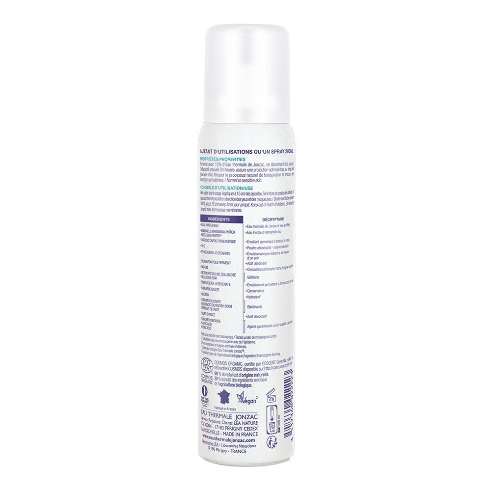 Retro del flacone spray. Testo: ingredienti, istruzioni per l'uso, certificazione bio, informazioni produttore.