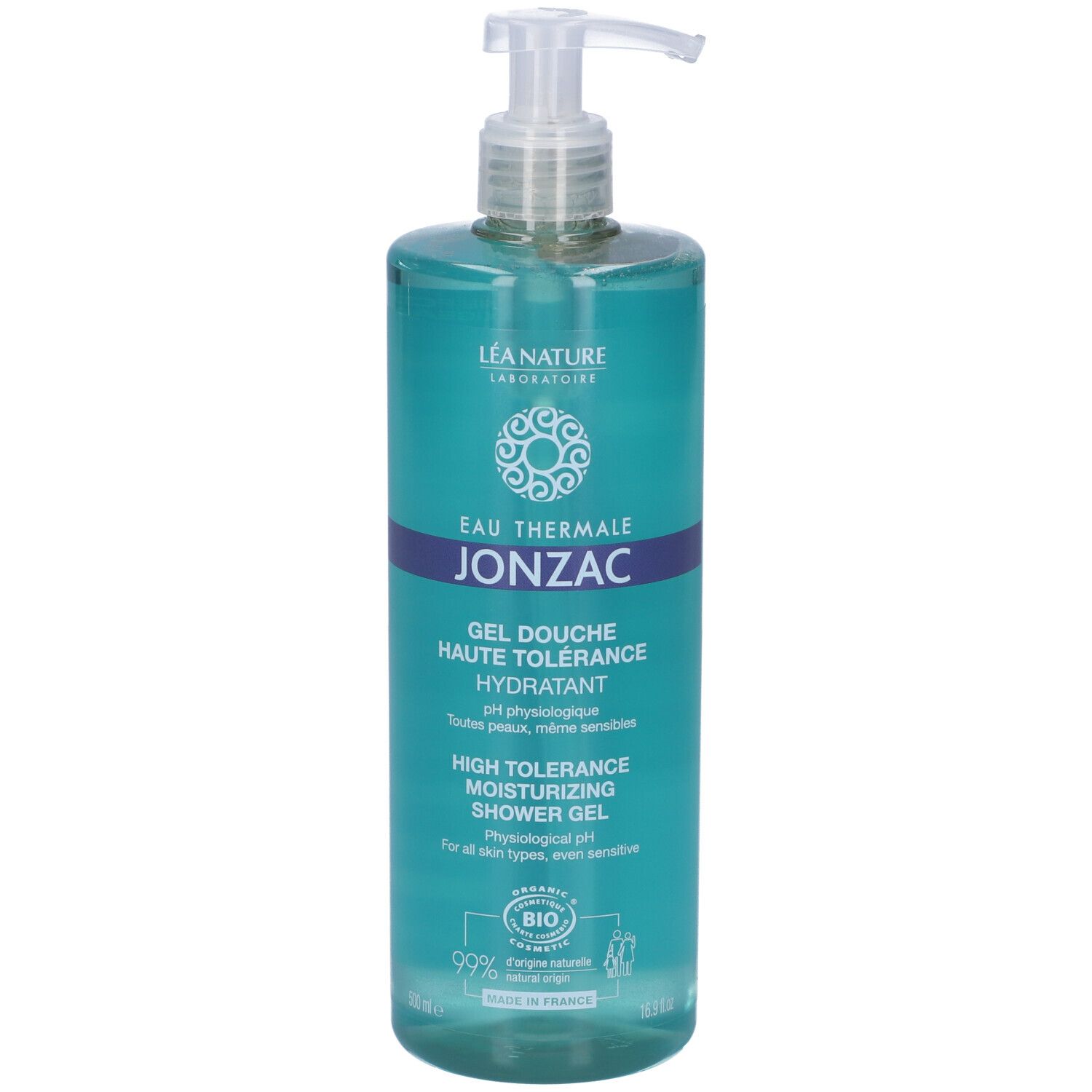 Flacone turchese con dosatore. Scritta: Eau Thermale Jonzac, Gel Douche Hydratant. Certificazione Bio.