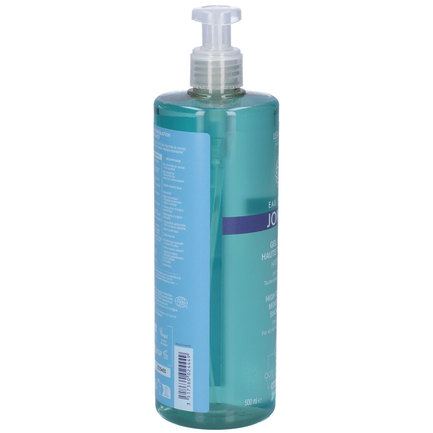 Flacone turchese con dosatore. Scritta: Eau Thermale Jonzac, Gel Douche Hydratant. Certificazione Bio.