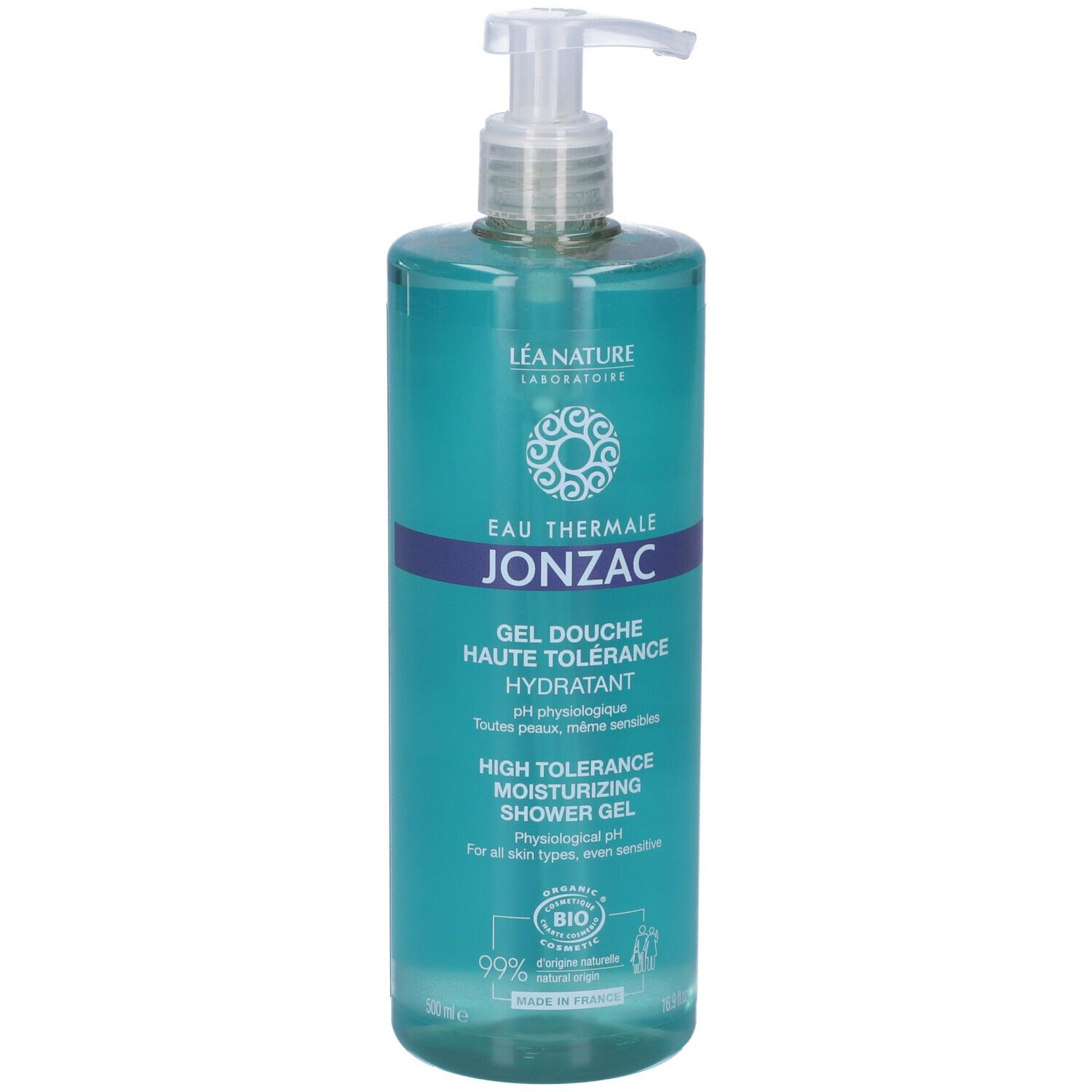 Flacone turchese con dosatore. Scritta: Eau Thermale Jonzac, Gel Douche Hydratant. Certificazione Bio.
