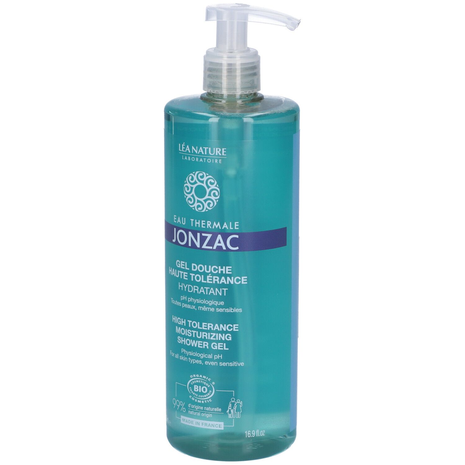 Flacone turchese con dosatore. Scritta: Eau Thermale Jonzac, Gel Douche Hydratant. Certificazione Bio.