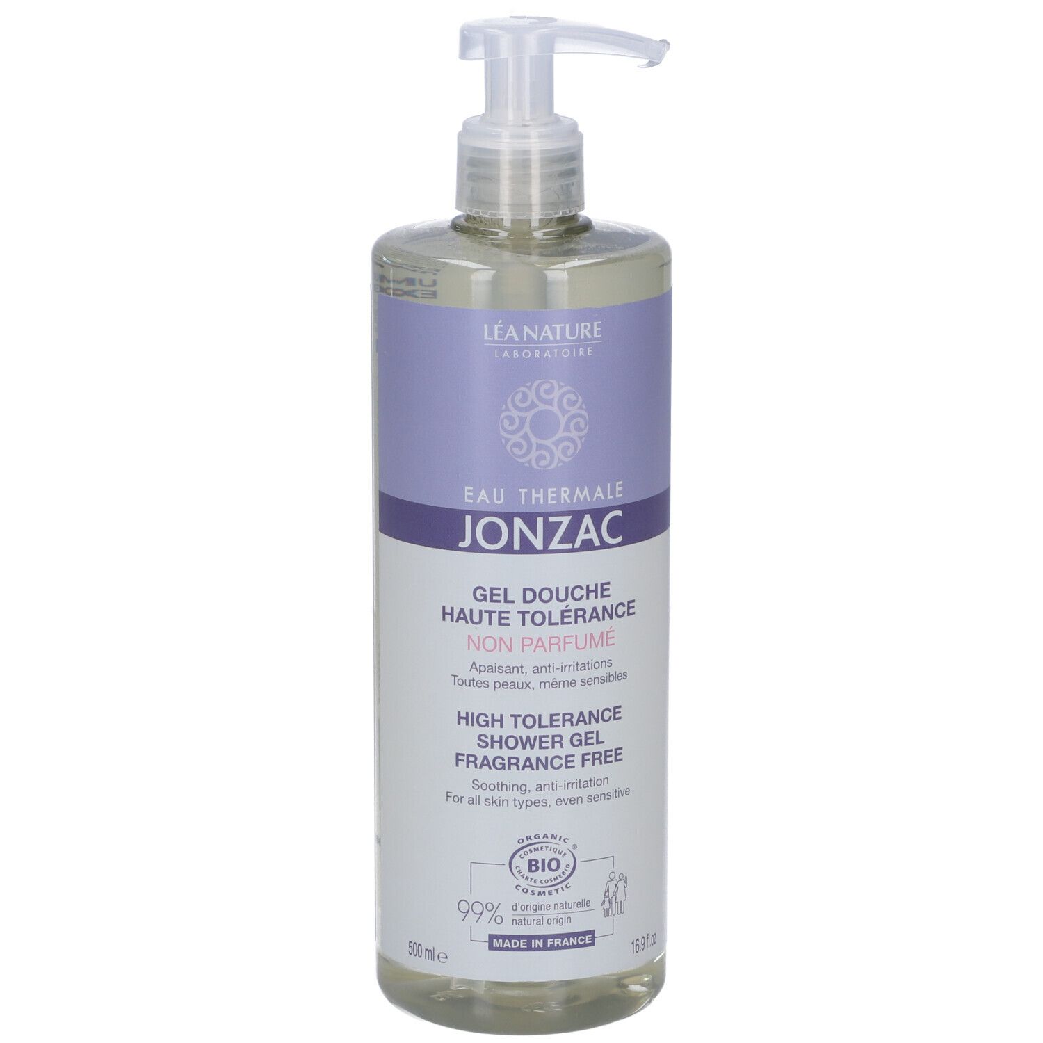 Flacone trasparente con dosatore. Scritte: Eau Thermale Jonzac, Gel Douche Haute Tolérance, Non Parfumé.