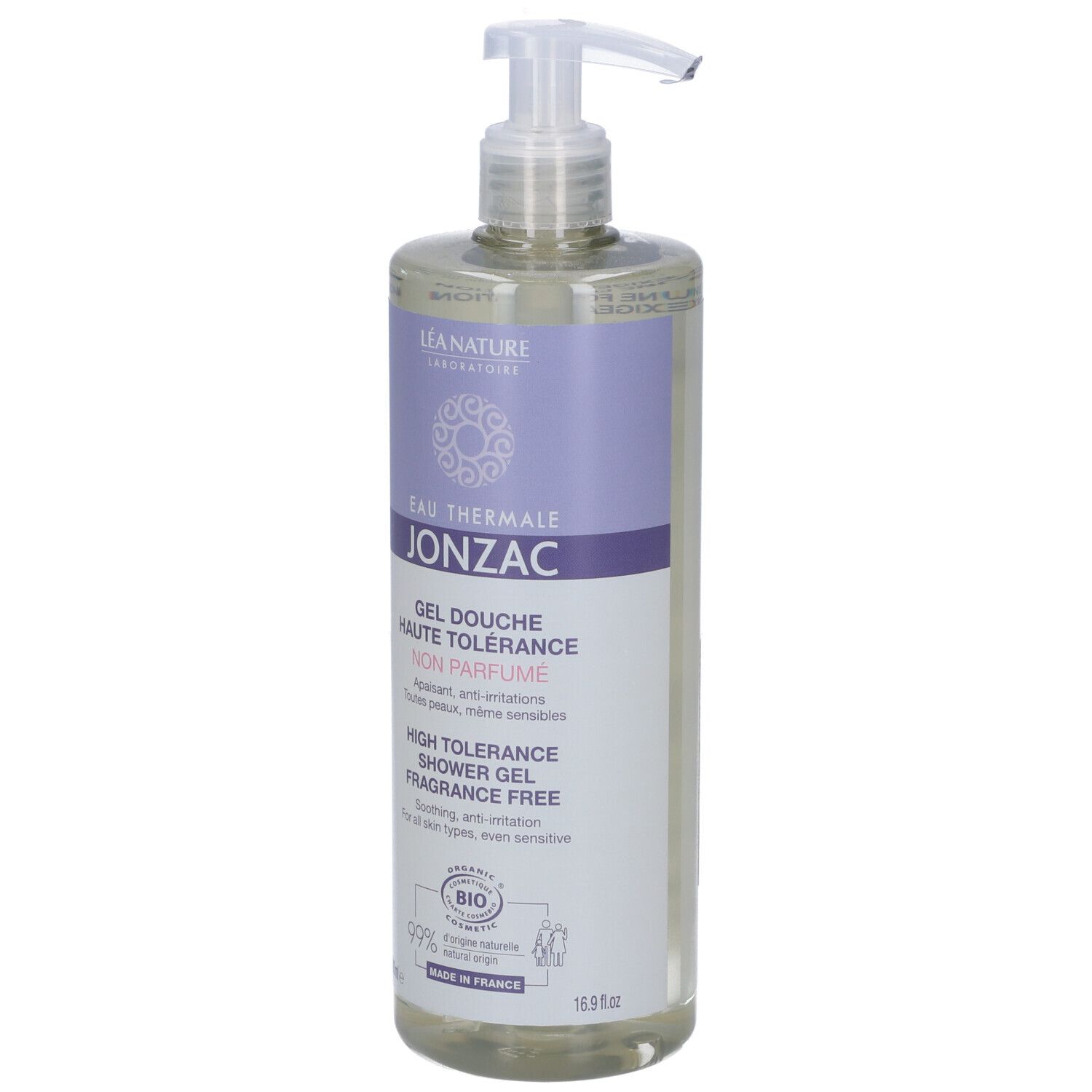 Flacone trasparente con dosatore. Scritte: Eau Thermale Jonzac, Gel Douche Haute Tolérance, Non Parfumé.