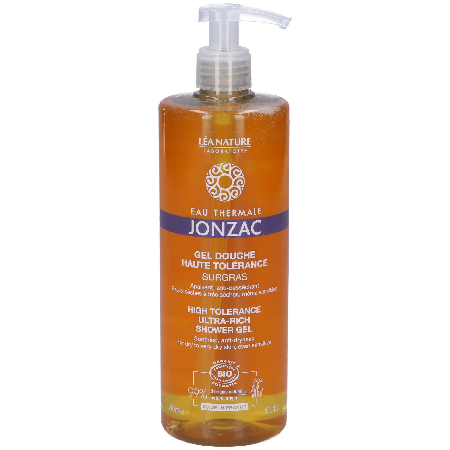 Flacone arancione con dosatore. Scritte: Eau Thermale Jonzac, Gel Douche Haute Tolérance, certificazione Bio.