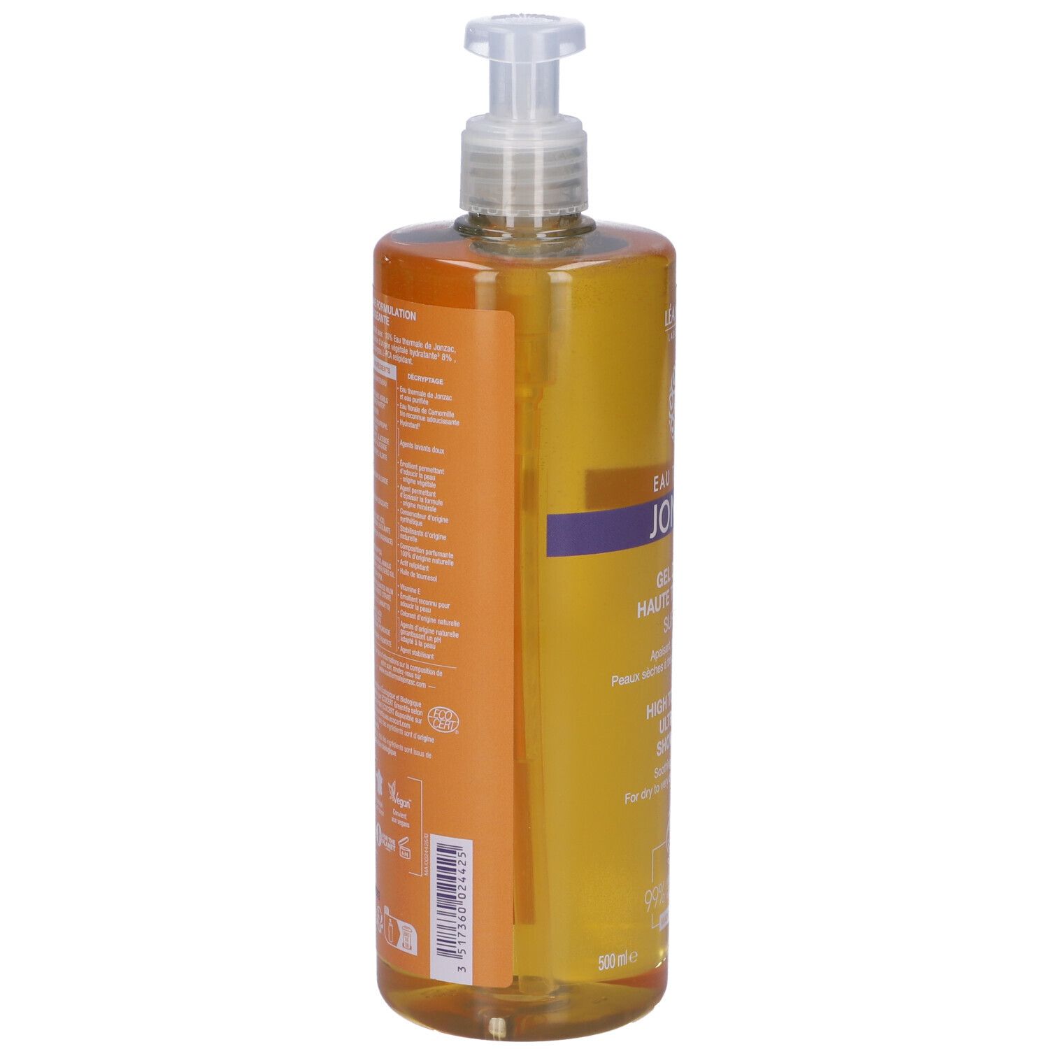 Lato del flacone. Scritte: Eau Thermale Jonzac, Gel Douche Haute Tolérance, certificazione Bio.