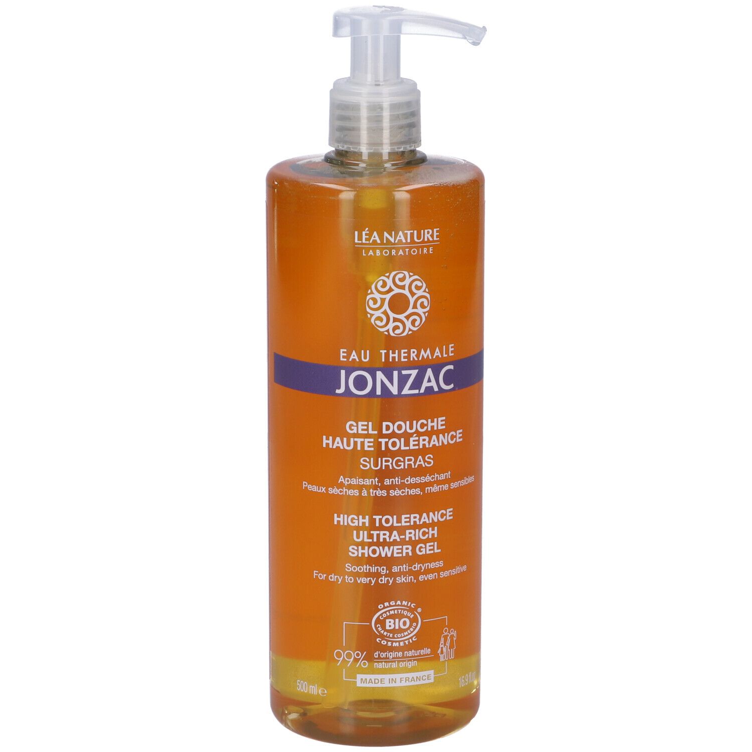 Flacone arancione con dosatore. Scritte: Eau Thermale Jonzac, Gel Douche Haute Tolérance, certificazione Bio.