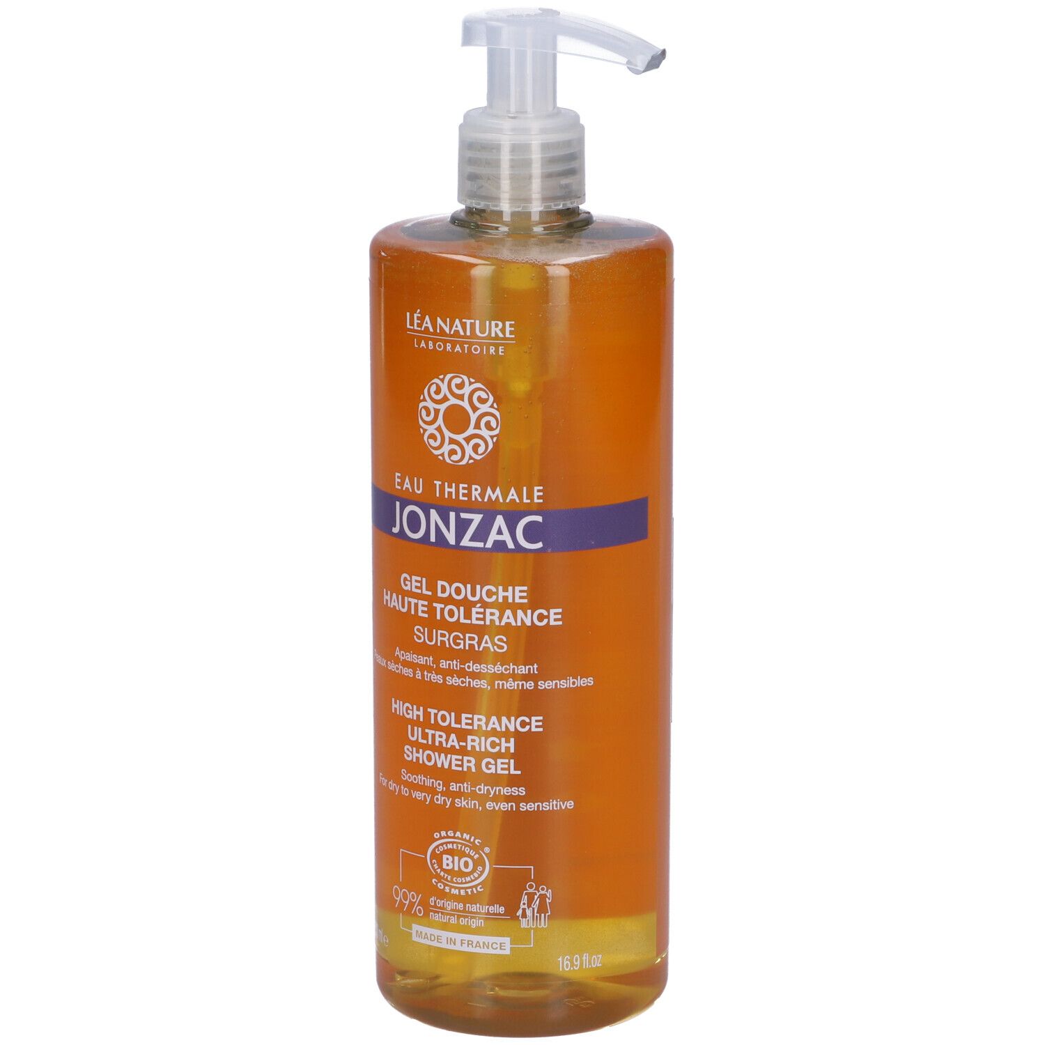 Flacone arancione con dosatore. Scritte: Eau Thermale Jonzac, Gel Douche Haute Tolérance, certificazione Bio.