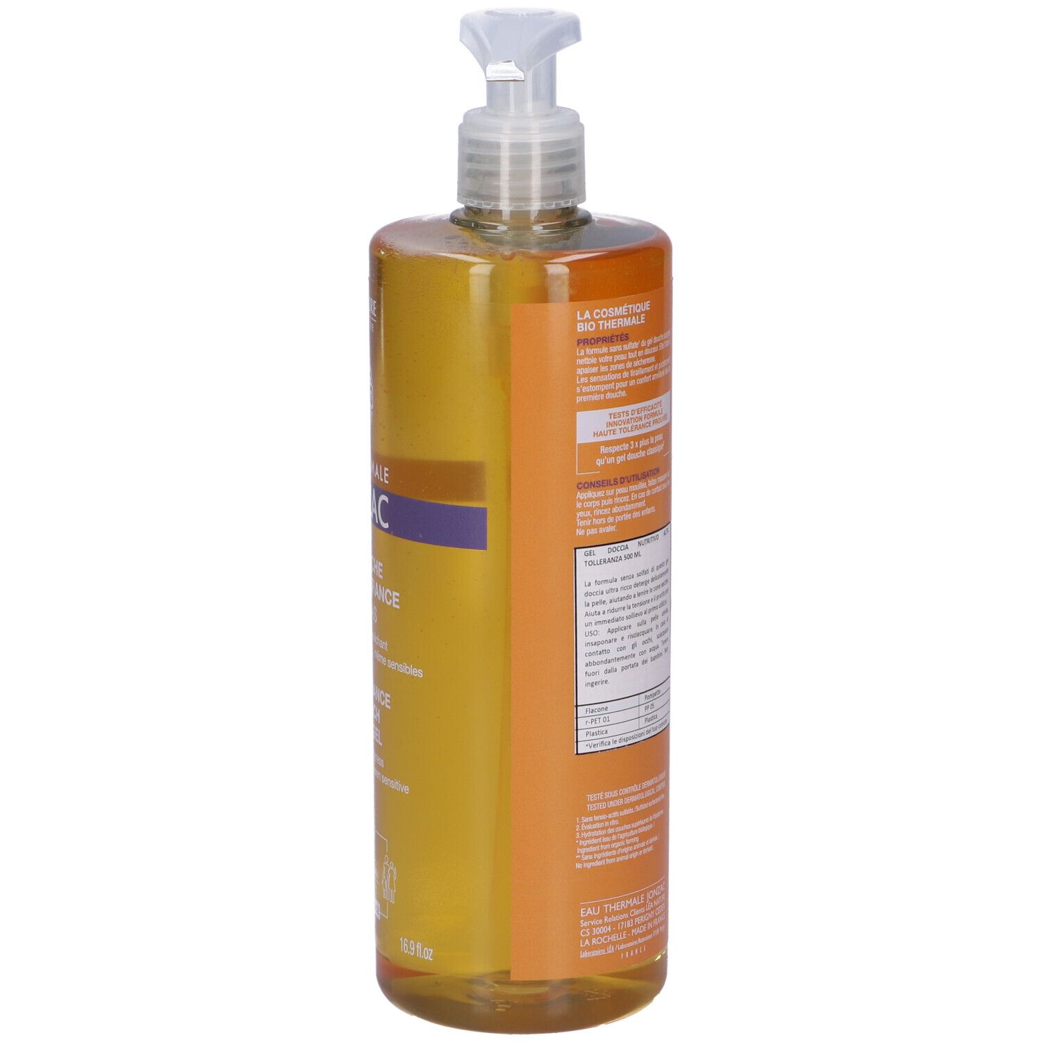 Lato del flacone. Scritte: Eau Thermale Jonzac, Gel Douche Haute Tolérance, certificazione Bio.