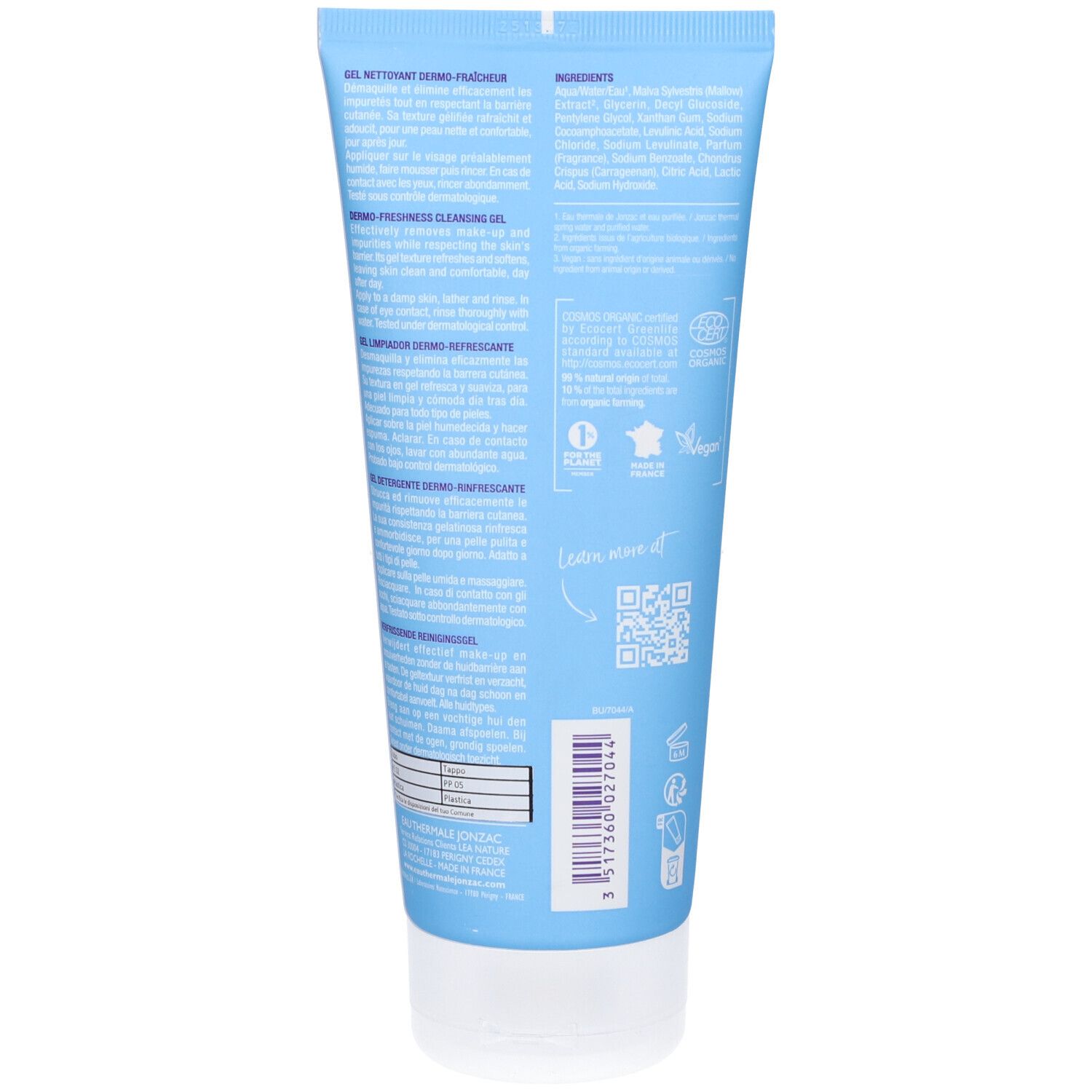 Retro del tubo azzurro chiaro. Testo multilingue. Codice QR e certificazione Bio. Prodotto in Francia.