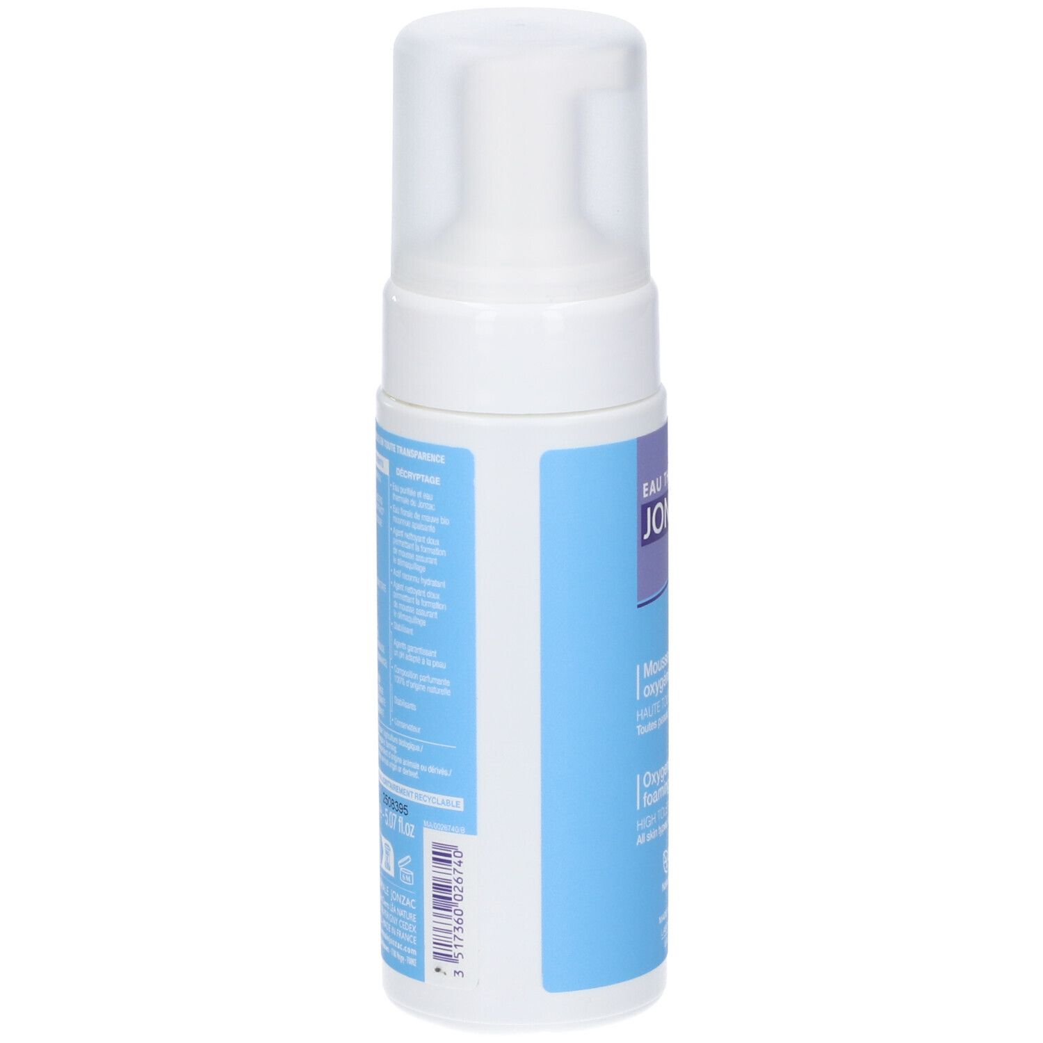 Flacone bianco con etichetta blu. Testo in francese. Retro con informazioni sul prodotto e codice a barre.