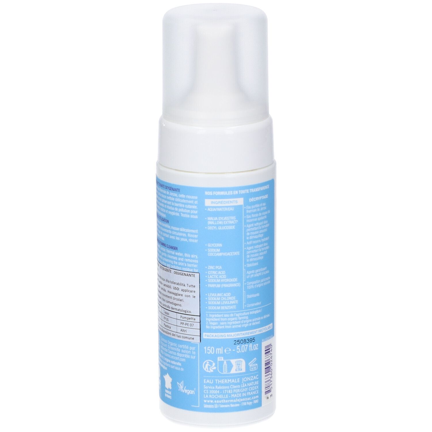 Flacone bianco con etichetta blu. Retro con informazioni sul prodotto, indicazione del volume 150 ml.