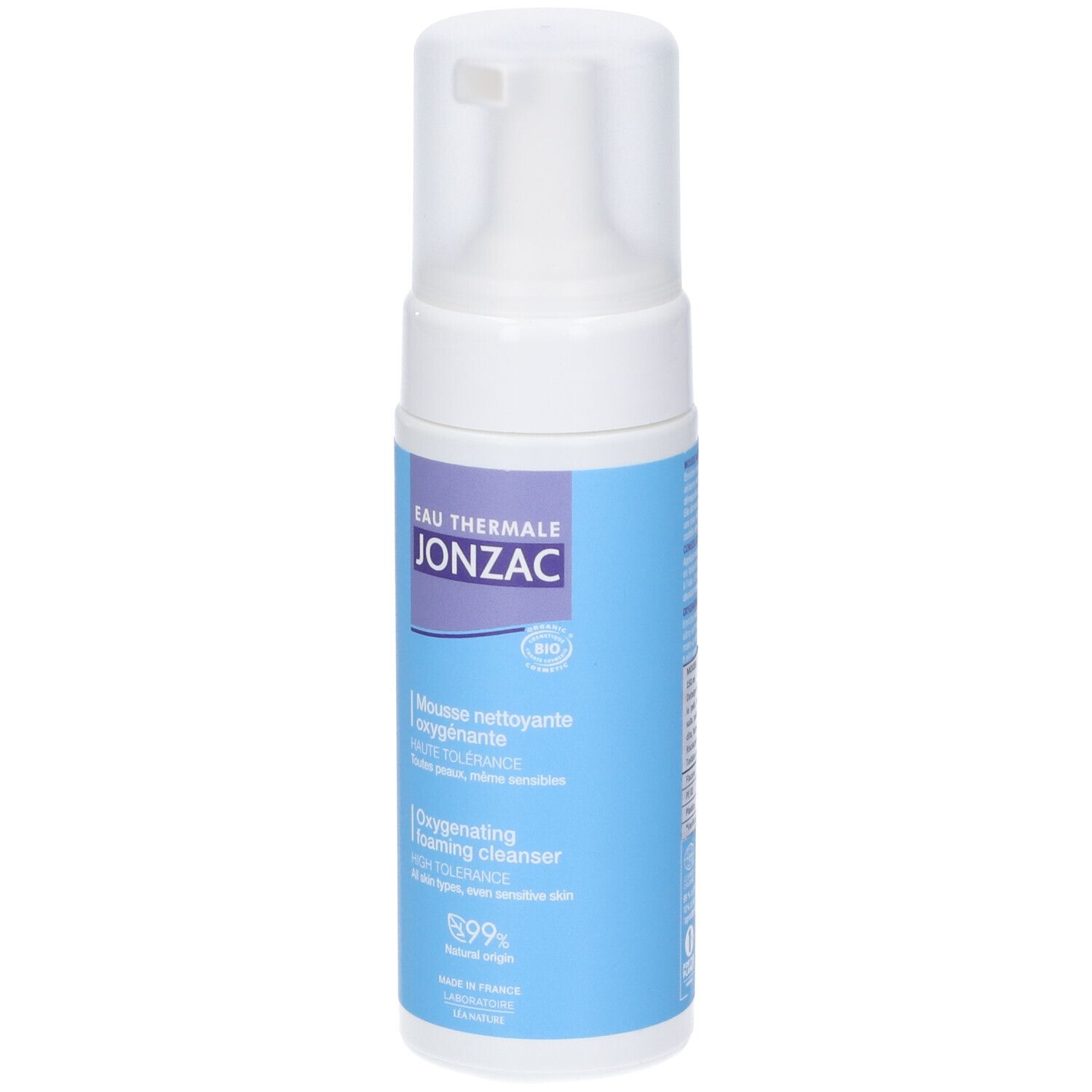 Flacone bianco con etichetta blu. Scritta: Eau Thermale JONZAC, Mousse nettoyante oxygénante, Haute Tolérance. Con erogatore.