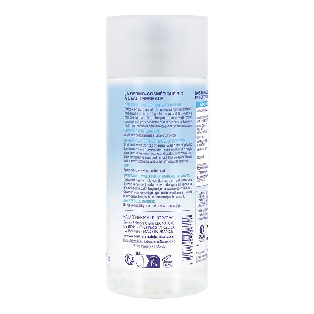 Retro del flacone JONZAC. Testo, ingredienti, certificazioni. Liquido trasparente.