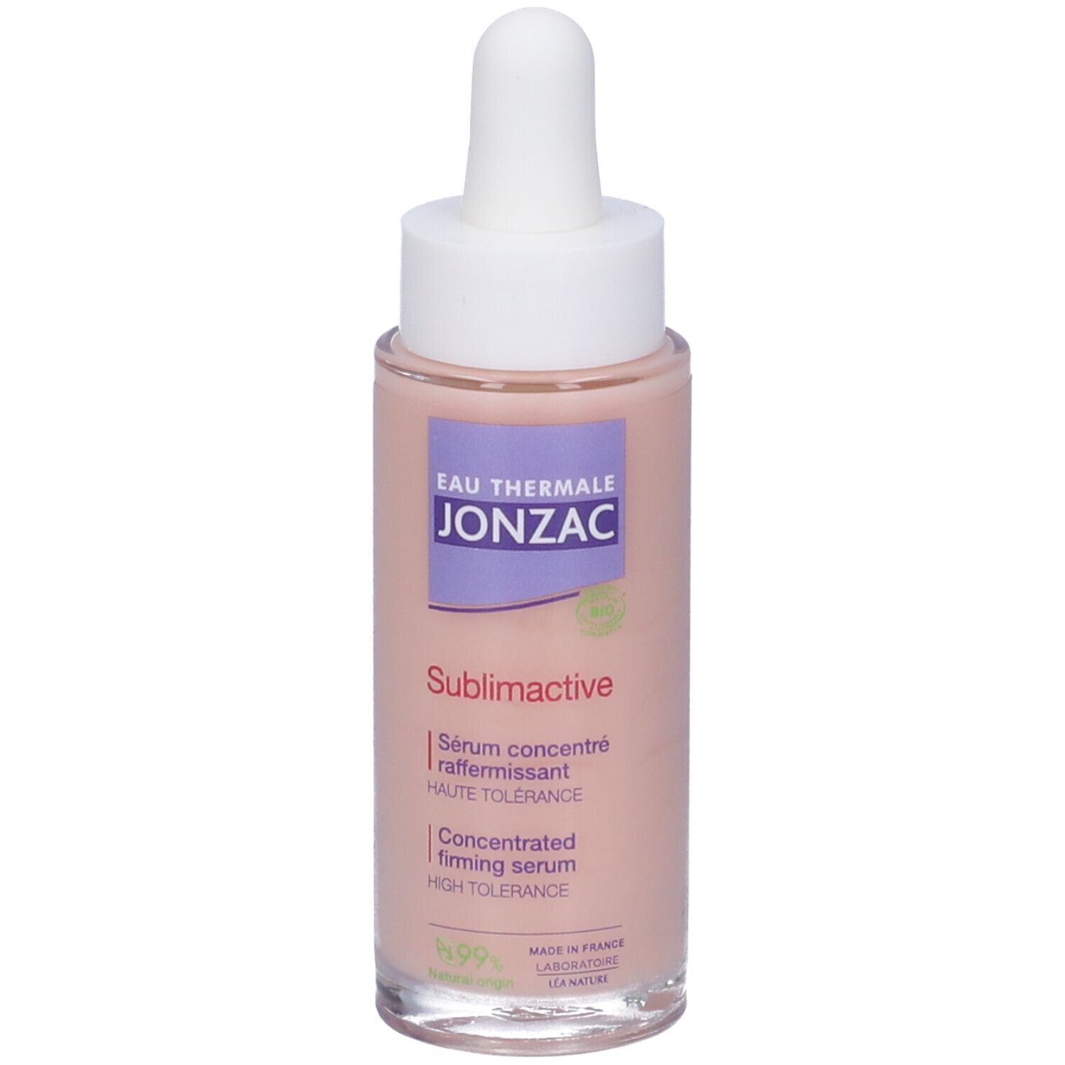 Flacone Eau Thermale Jonzac. Siero Sublimactive. Tappo bianco, pipetta. Liquido rosa. 99% origine naturale.