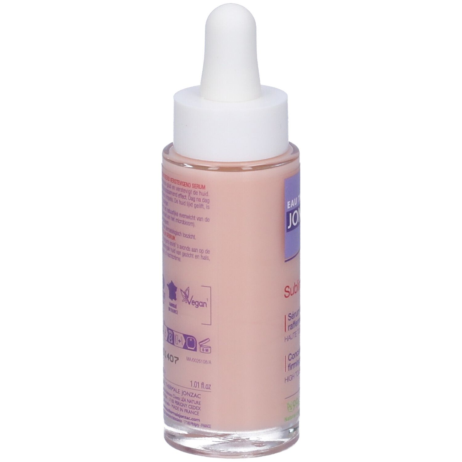 Retro flacone Eau Thermale Jonzac. Siero Sublimactive. Testo. 30ml. Certificazione vegana. 99% naturale.