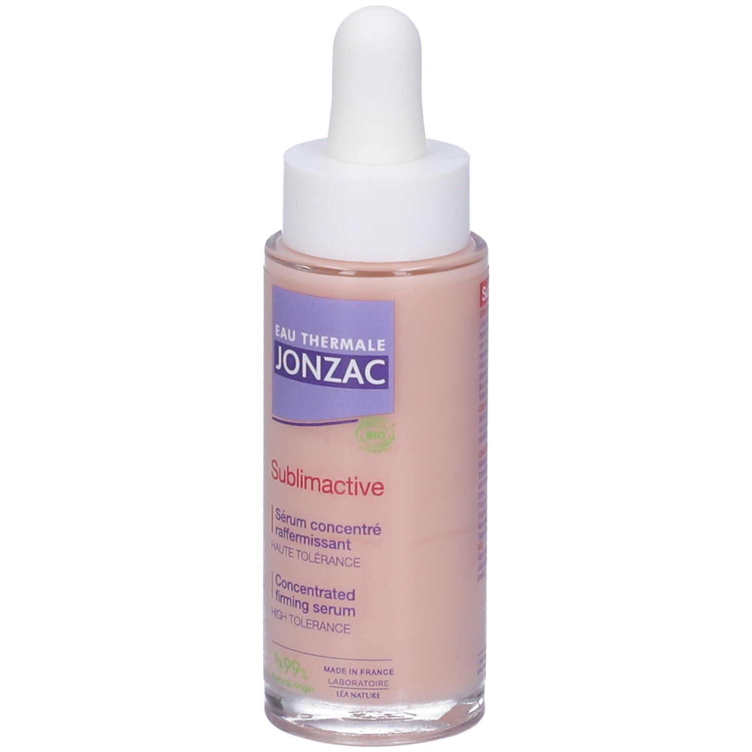 Flacone Eau Thermale Jonzac. Siero Sublimactive. Tappo bianco, pipetta. Liquido rosa. 99% origine naturale.