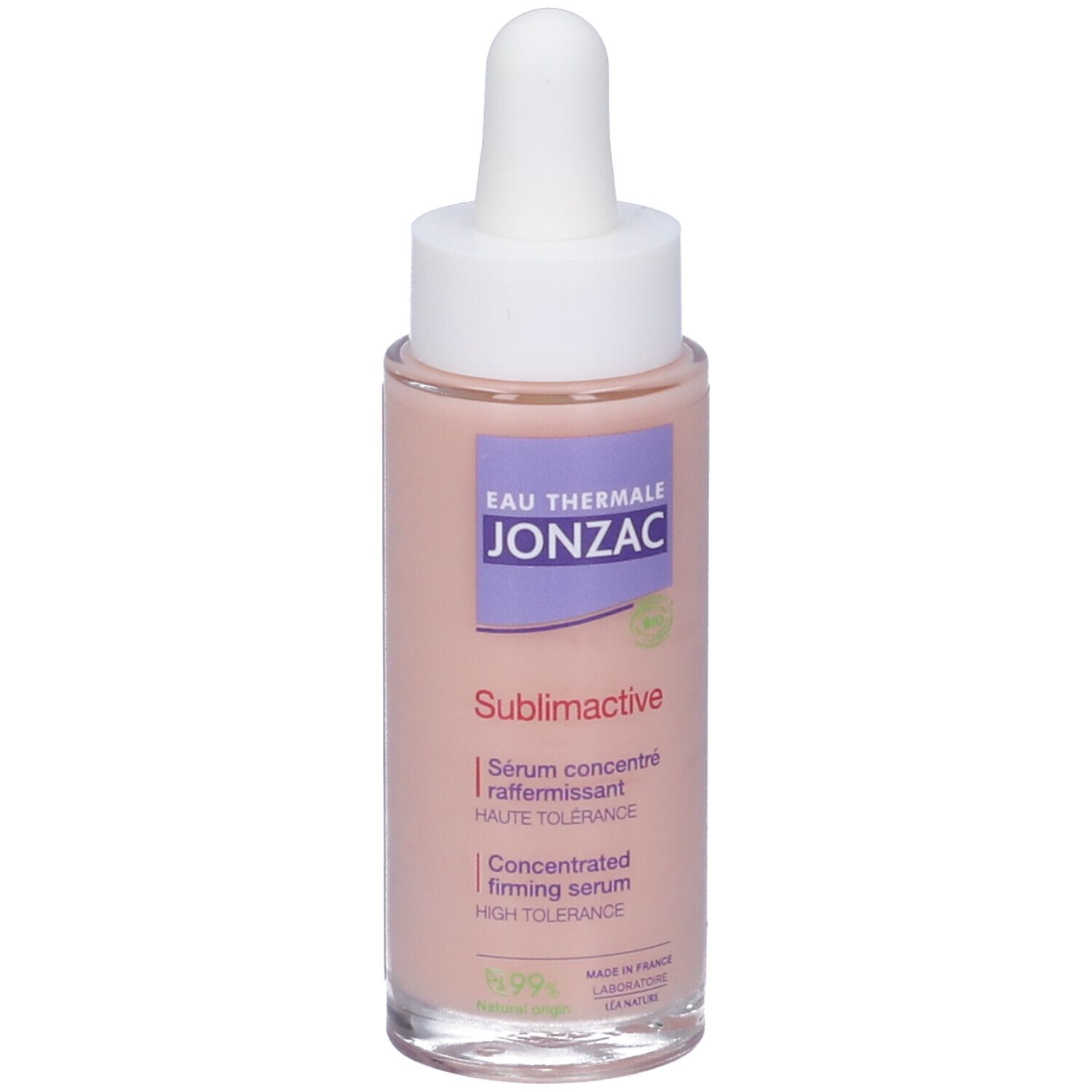 Flacone Eau Thermale Jonzac. Siero Sublimactive. Tappo bianco, pipetta. Liquido rosa. 99% origine naturale.