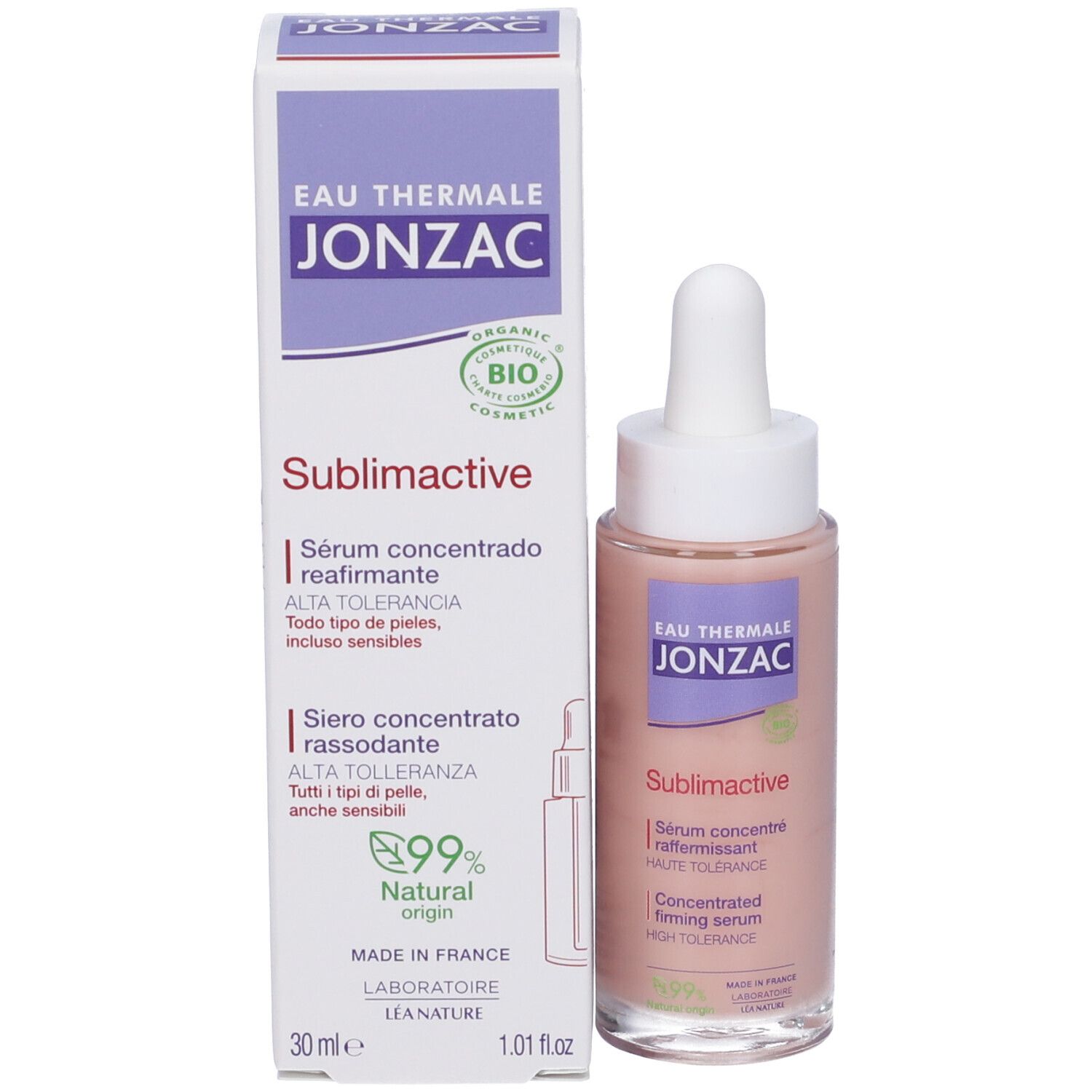 Prodotto e confezione Eau Thermale Jonzac. Siero Sublimactive. 30ml. 99% naturale. Certificazione bio.