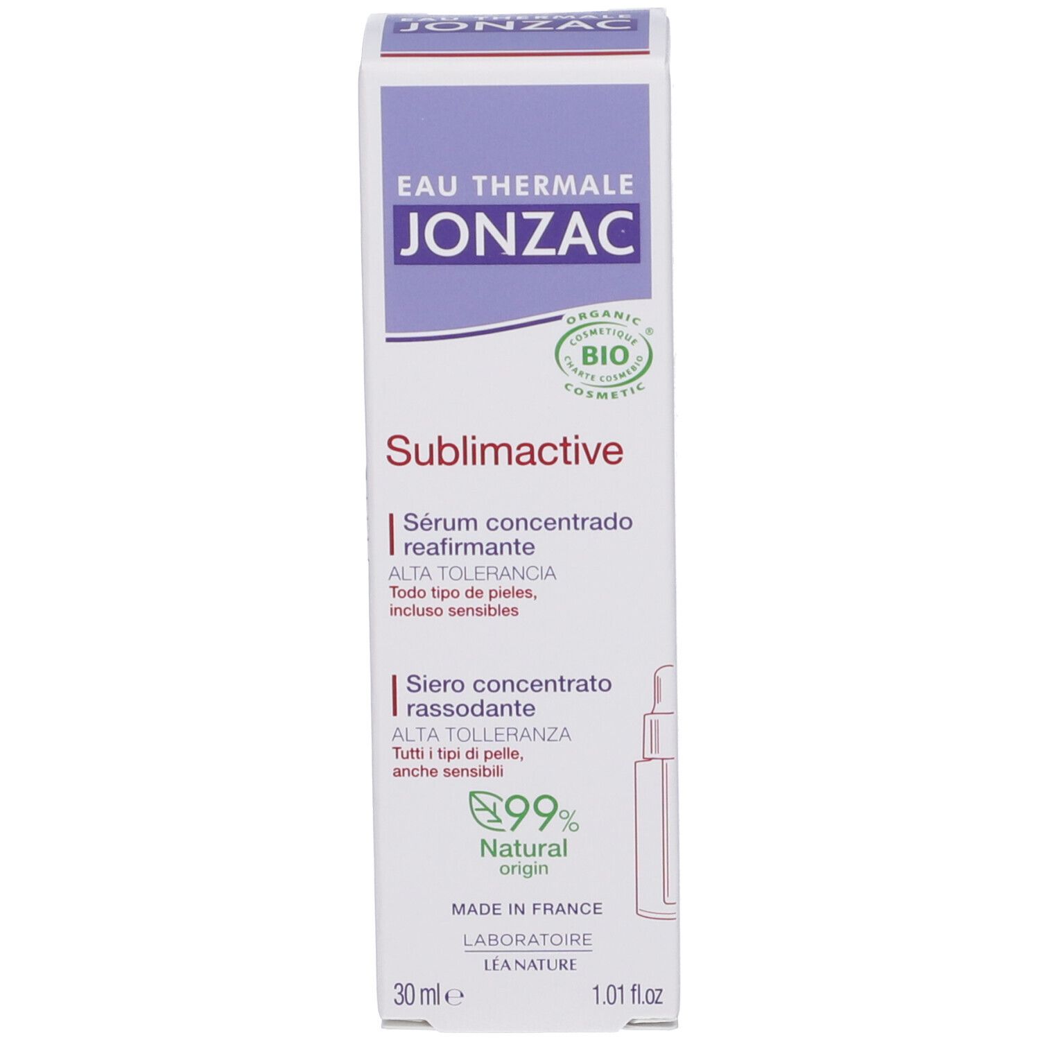 Confezione Eau Thermale Jonzac. Siero Sublimactive Anti-rughe. 30ml. 99% naturale. Certificazione bio.