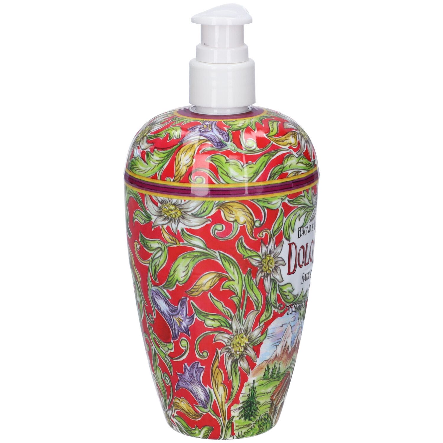 Flacone con erogatore, design Dolomiti, fiori rossi e montagne.