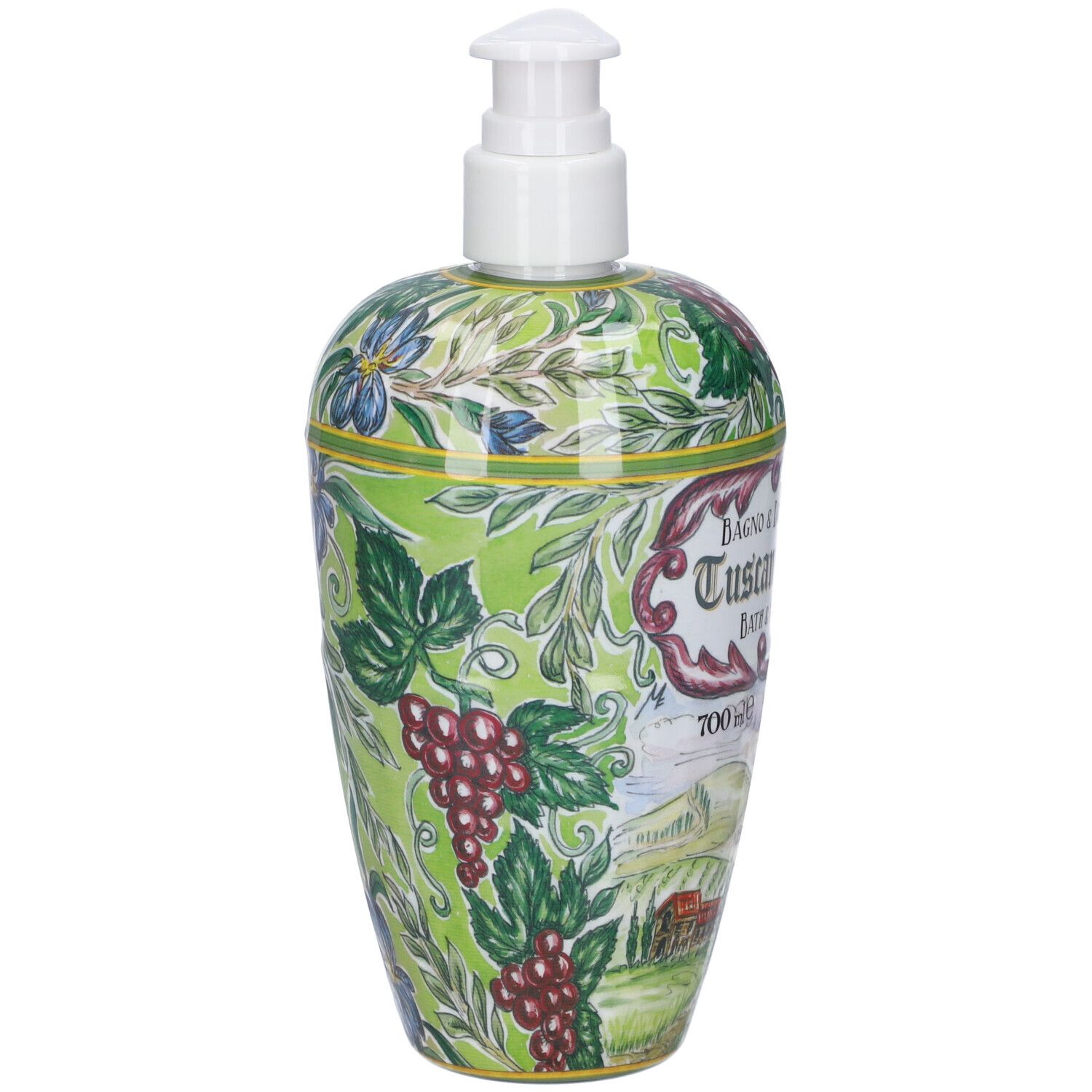 Flacone con dispenser a pompa, stampato con viti e paesaggio toscano. 700ml.