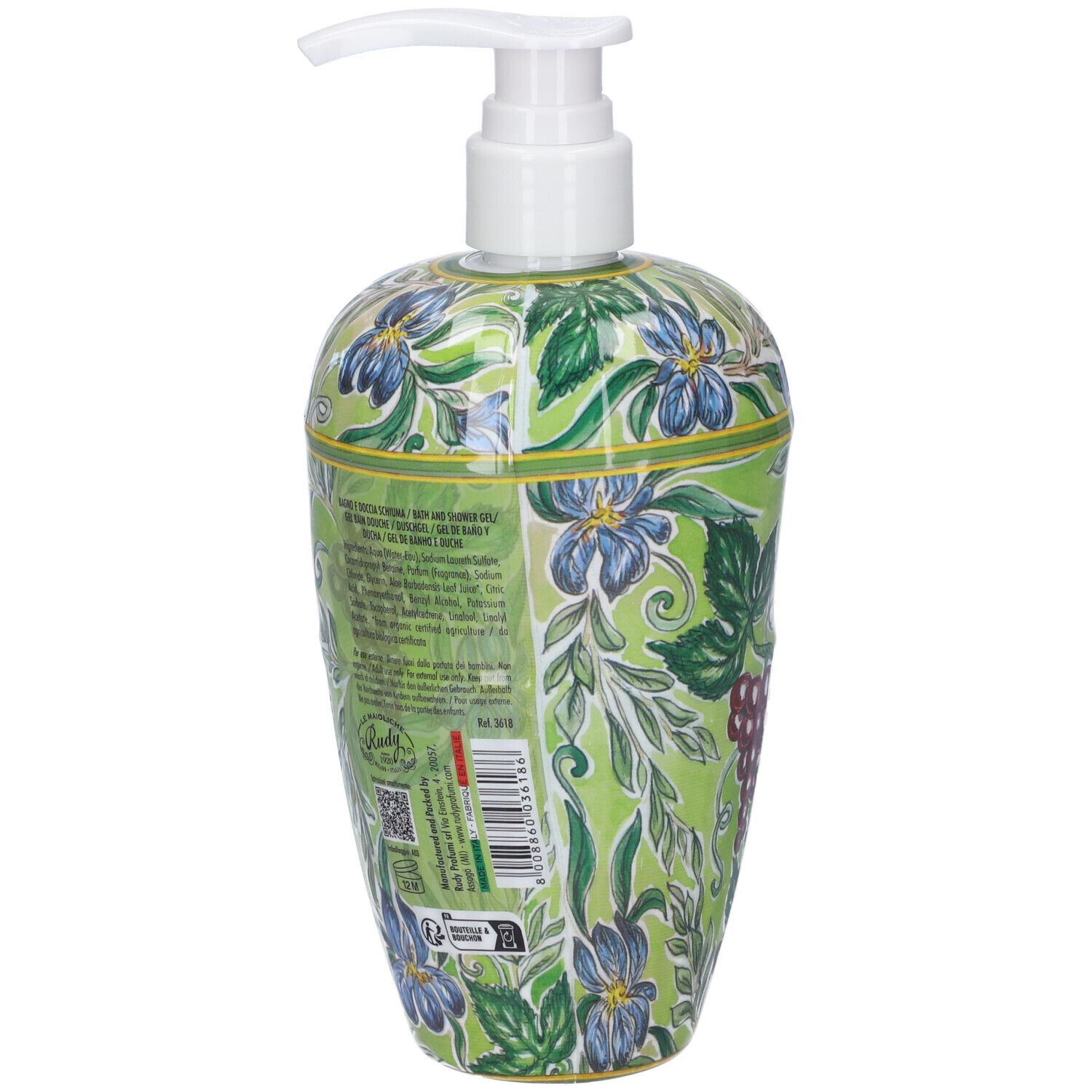 Flacone di sapone verde con motivo floreale e dispenser a pompa.