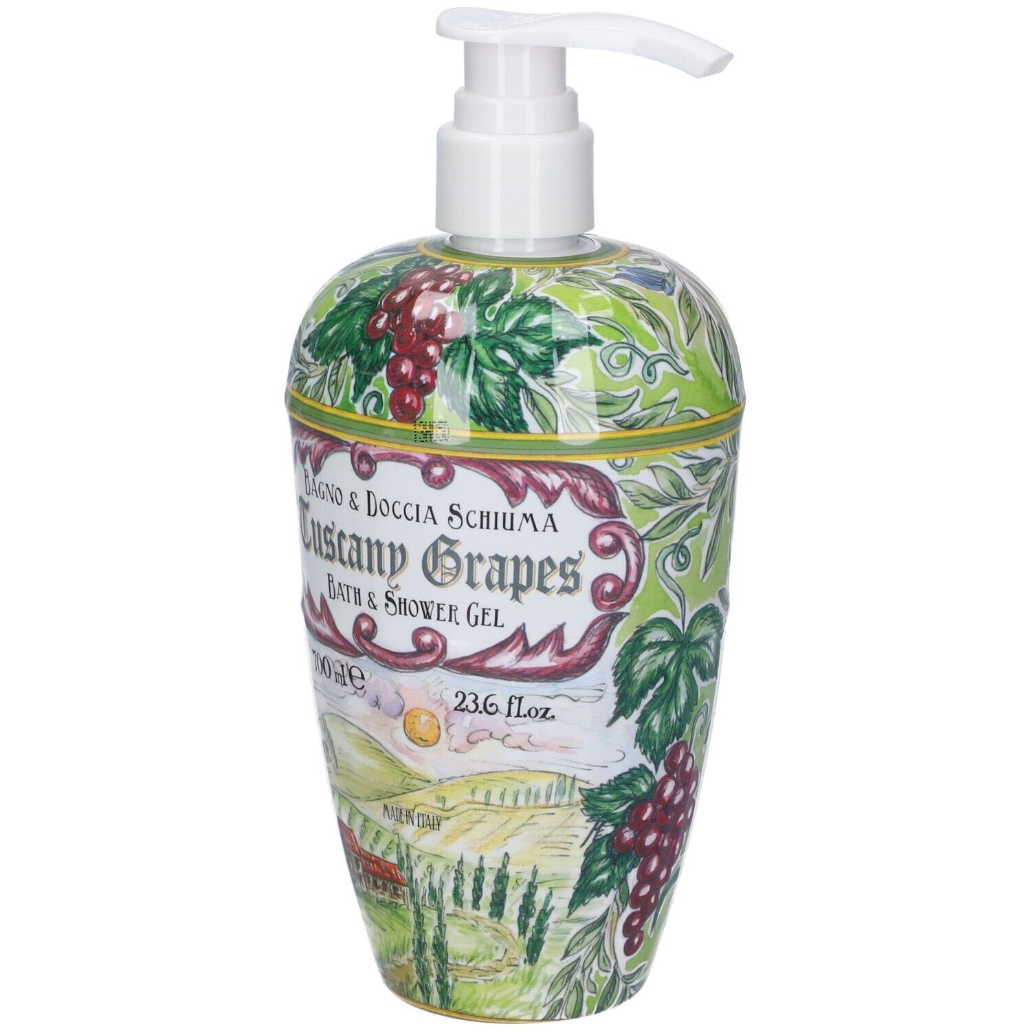 Flacone con pompa, decorato con viti e paesaggio toscano. Contiene 23.6 fl.oz. di bagnoschiuma.
