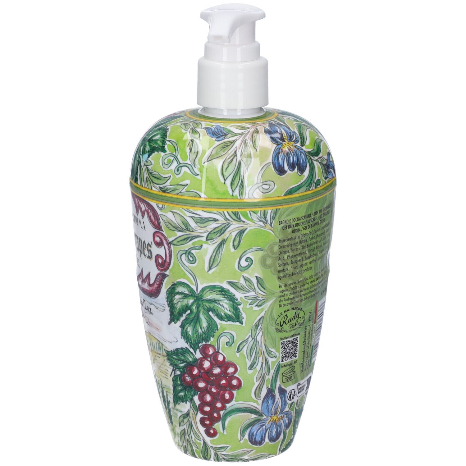 Flacone dispenser verde con motivo floreale e grappoli d'uva.