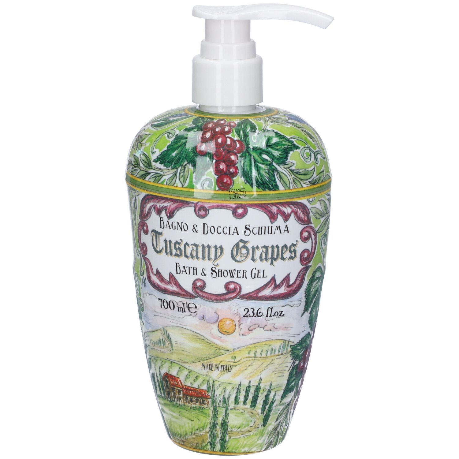 Flacone con pompa, scritta "Tuscany Grapes Bath & Shower Gel", 700 ml.