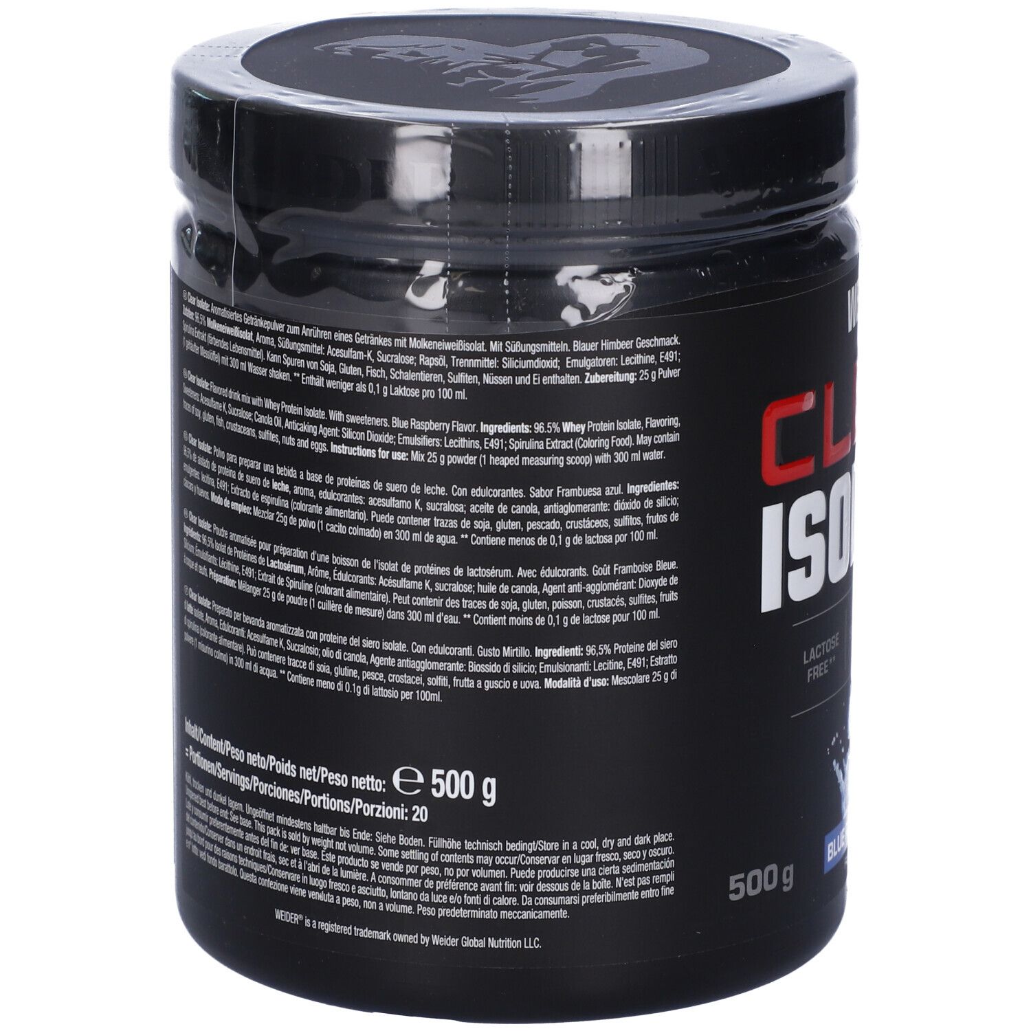 Retro del barattolo nero "WEIDER CLEAR ISOLATE". Testo multilingue. Contiene 500g. Informazioni nutrizionali e lista ingredienti.