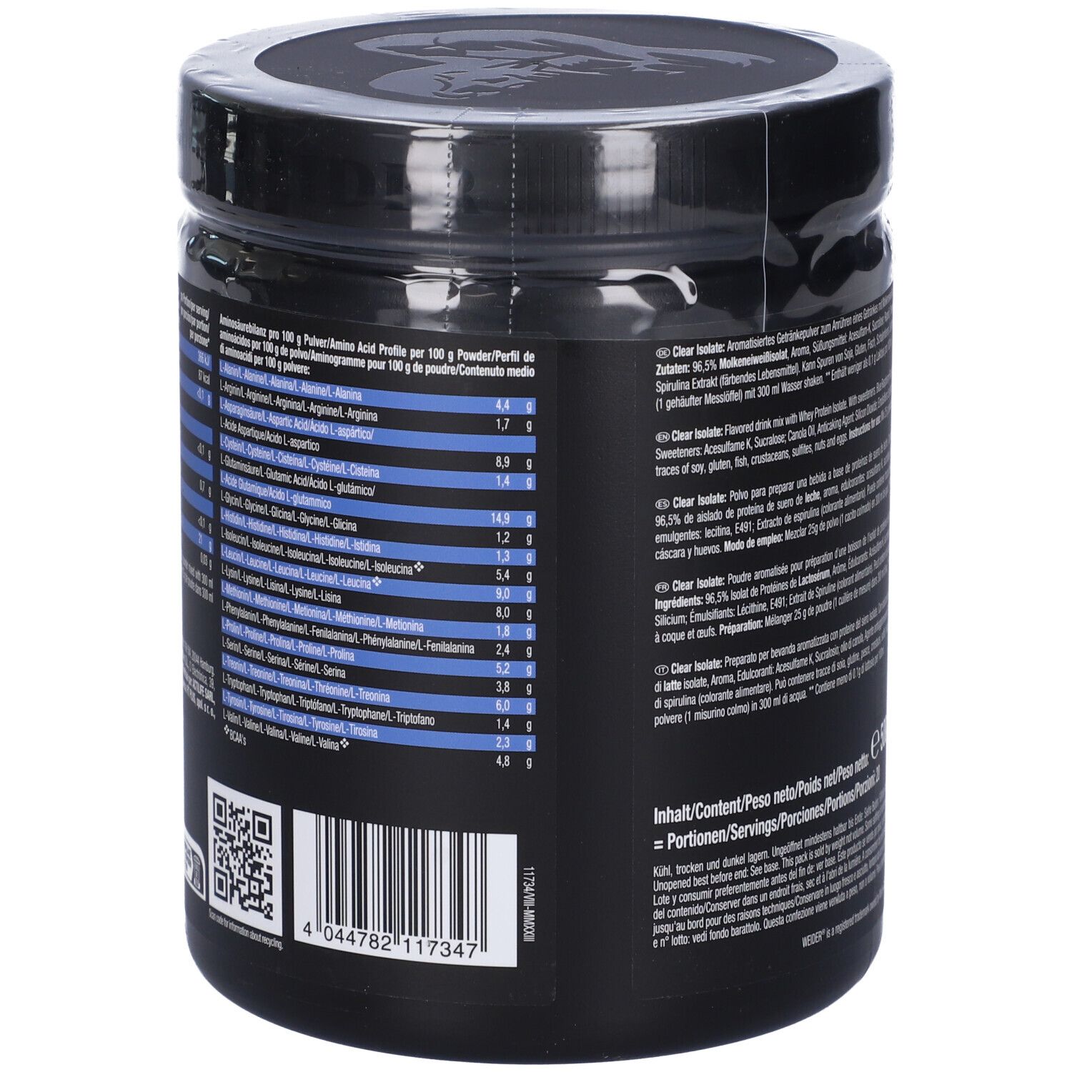 Retro del barattolo nero "WEIDER CLEAR ISOLATE". Dettaglio tabella aminoacidi. Codice QR e informazioni produttore.