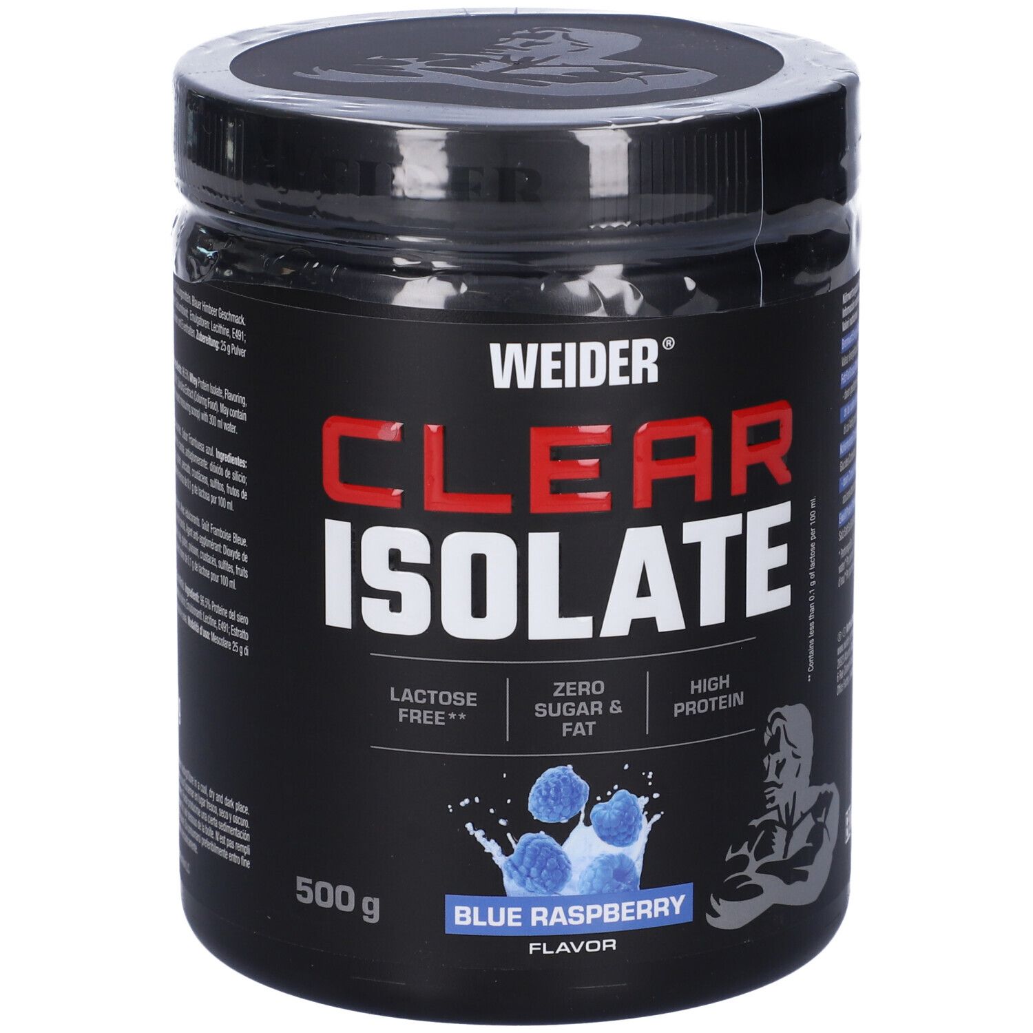 Barattolo nero "WEIDER CLEAR ISOLATE". Illustrazione lampone blu. Contiene 500g. "Lactose Free", "Zero Sugar & Fat", "High Protein".