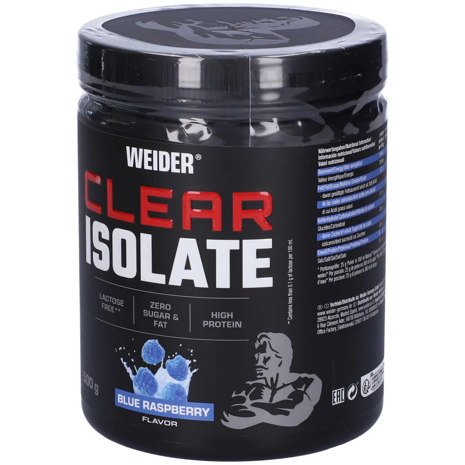 Barattolo nero "WEIDER CLEAR ISOLATE". Illustrazione lampone blu. Contiene 500g. "Lactose Free", "Zero Sugar & Fat", "High Protein".