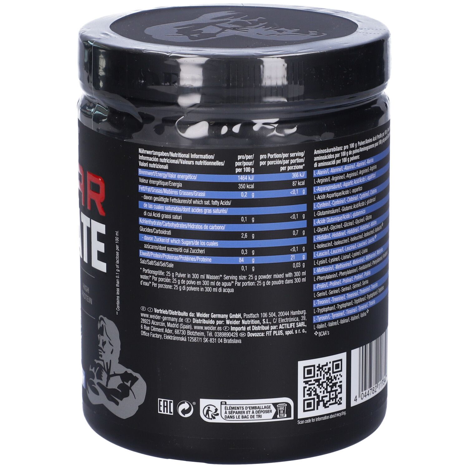 Retro del barattolo nero "WEIDER CLEAR ISOLATE". Informazioni nutrizionali e lista ingredienti. Codice QR e informazioni produttore.