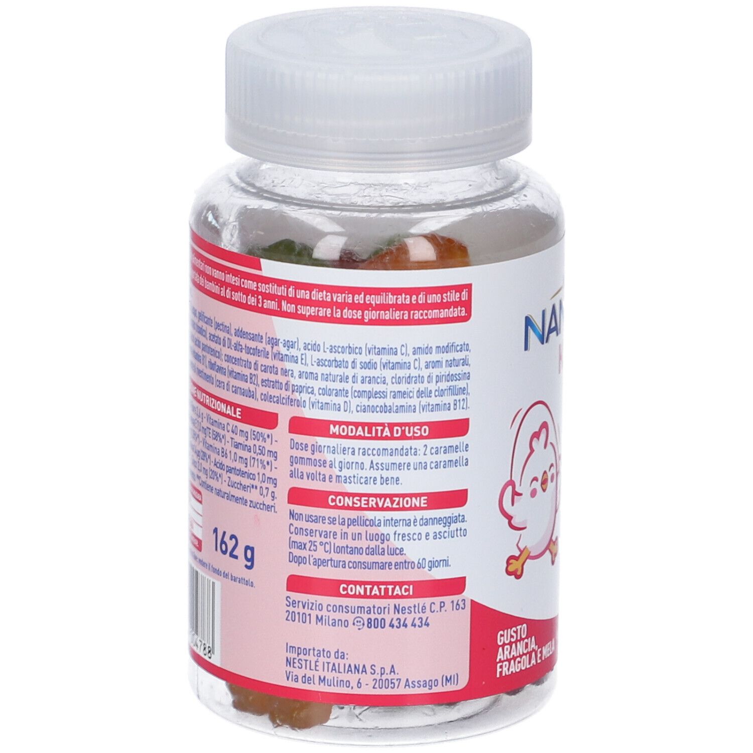 Retro del flacone Nancare Kids Multivitamine. Contiene informazioni su ingredienti, uso e valori nutrizionali. 162g.