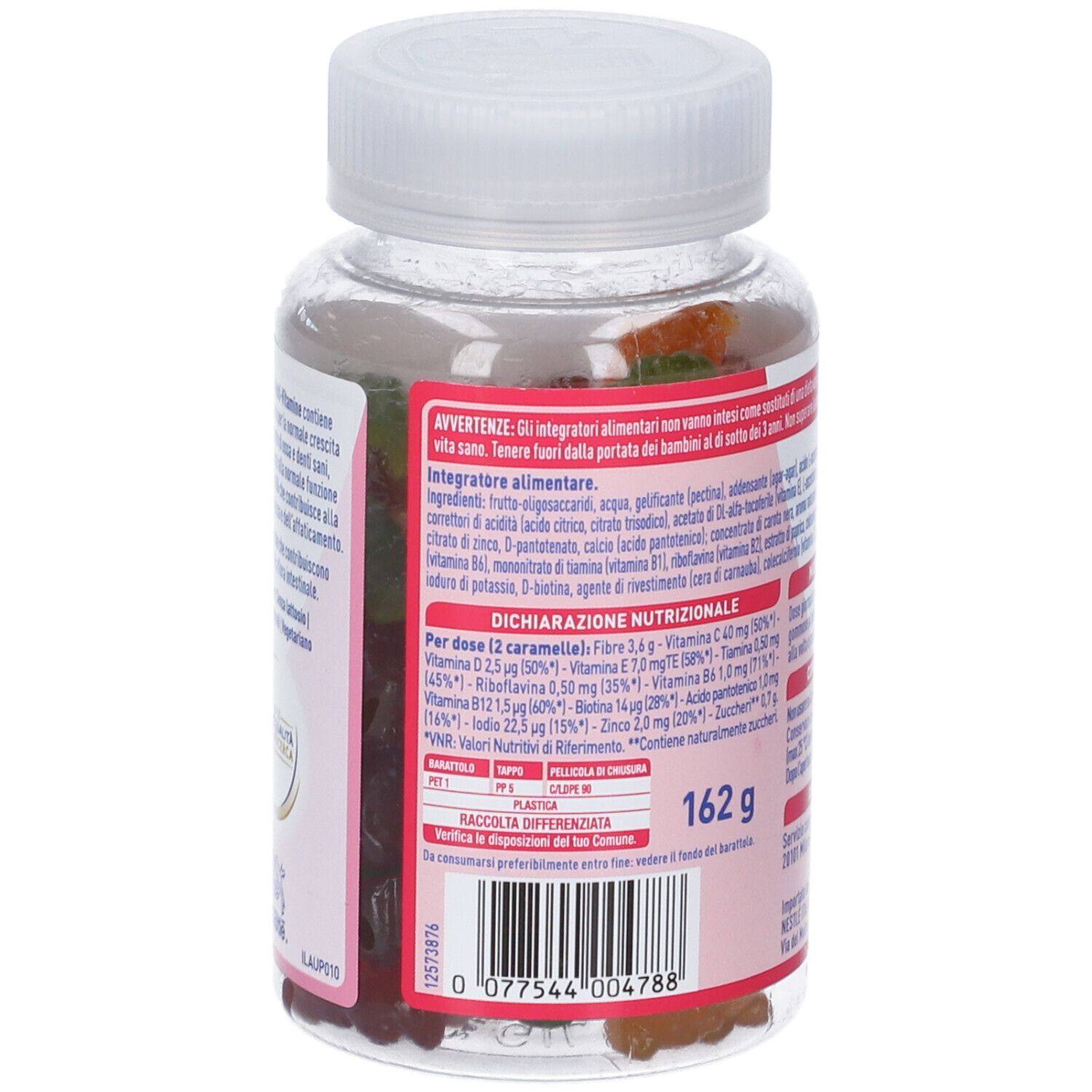 Retro del flacone Nancare Kids Multivitamine. Informazioni su ingredienti e valori nutrizionali. 162g.