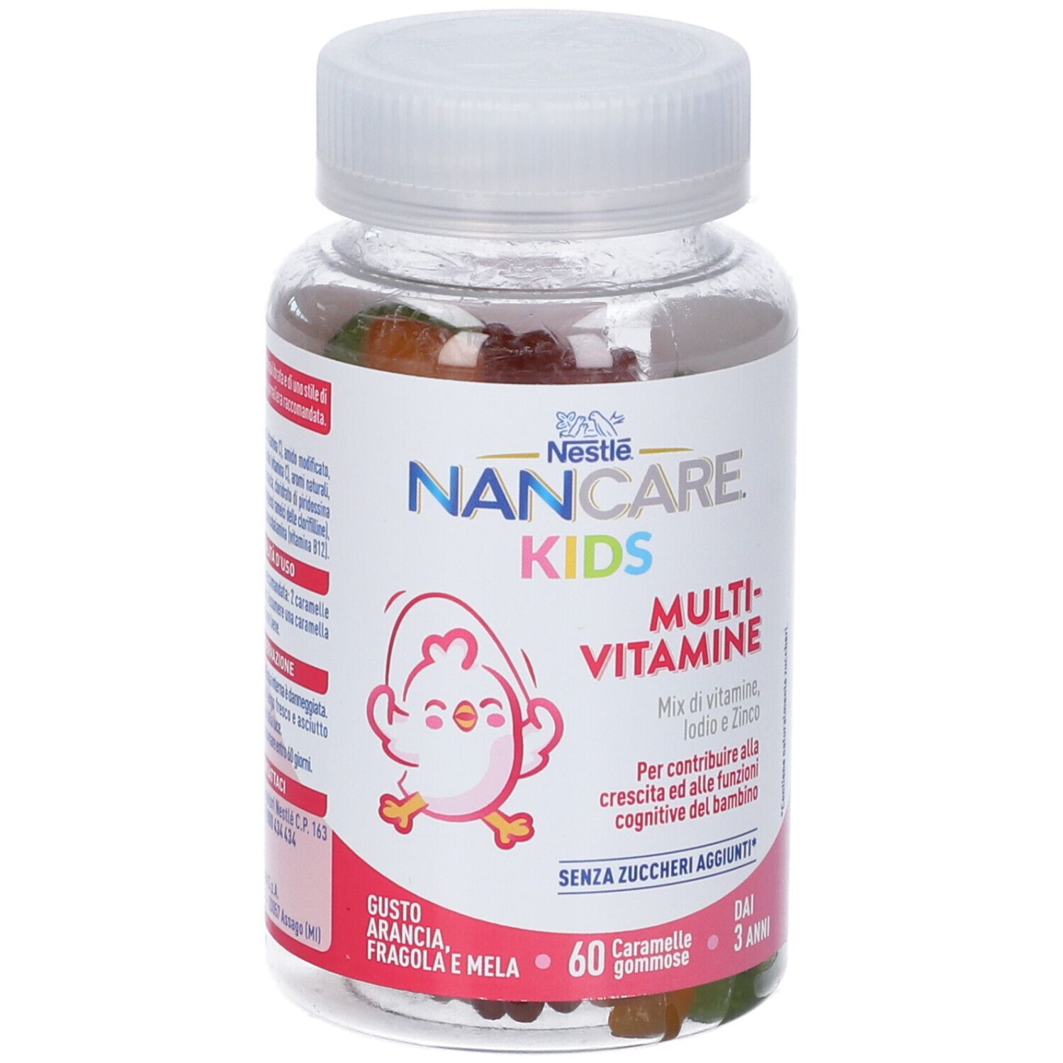 Flacone trasparente di Nancare Kids Multivitamine. Etichetta con nome, logo e informazioni. 60 caramelle gommose.