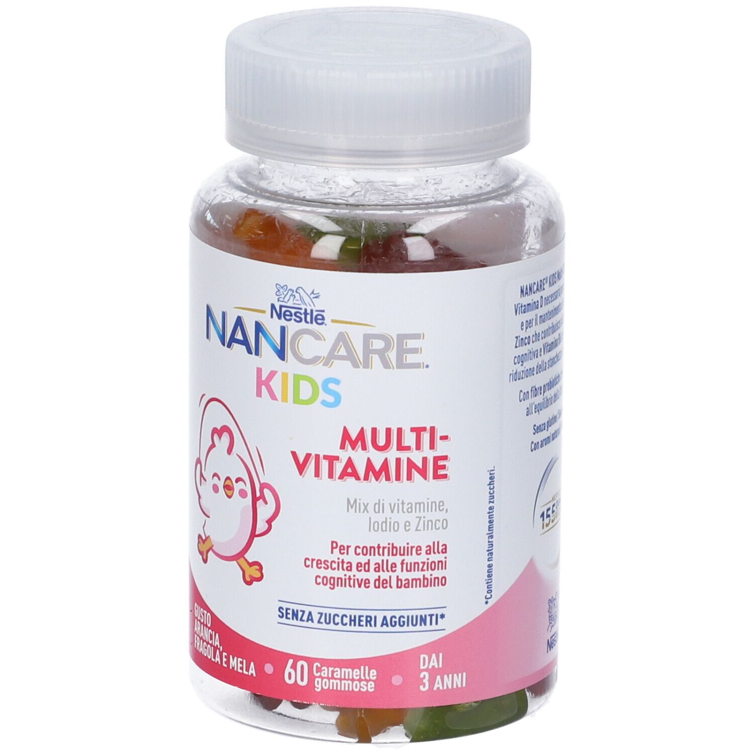 Flacone trasparente di Nancare Kids Multivitamine. Etichetta con nome, logo e informazioni. 60 caramelle gommose.