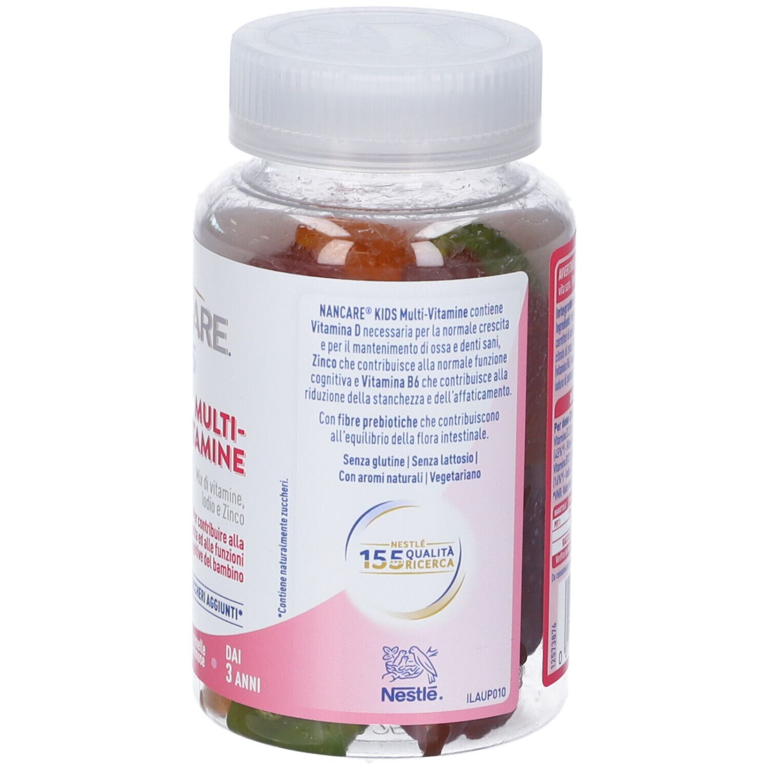 Retro del flacone Nancare Kids Multivitamine. Informazioni su ingredienti e valori nutrizionali. Logo Nestlé.