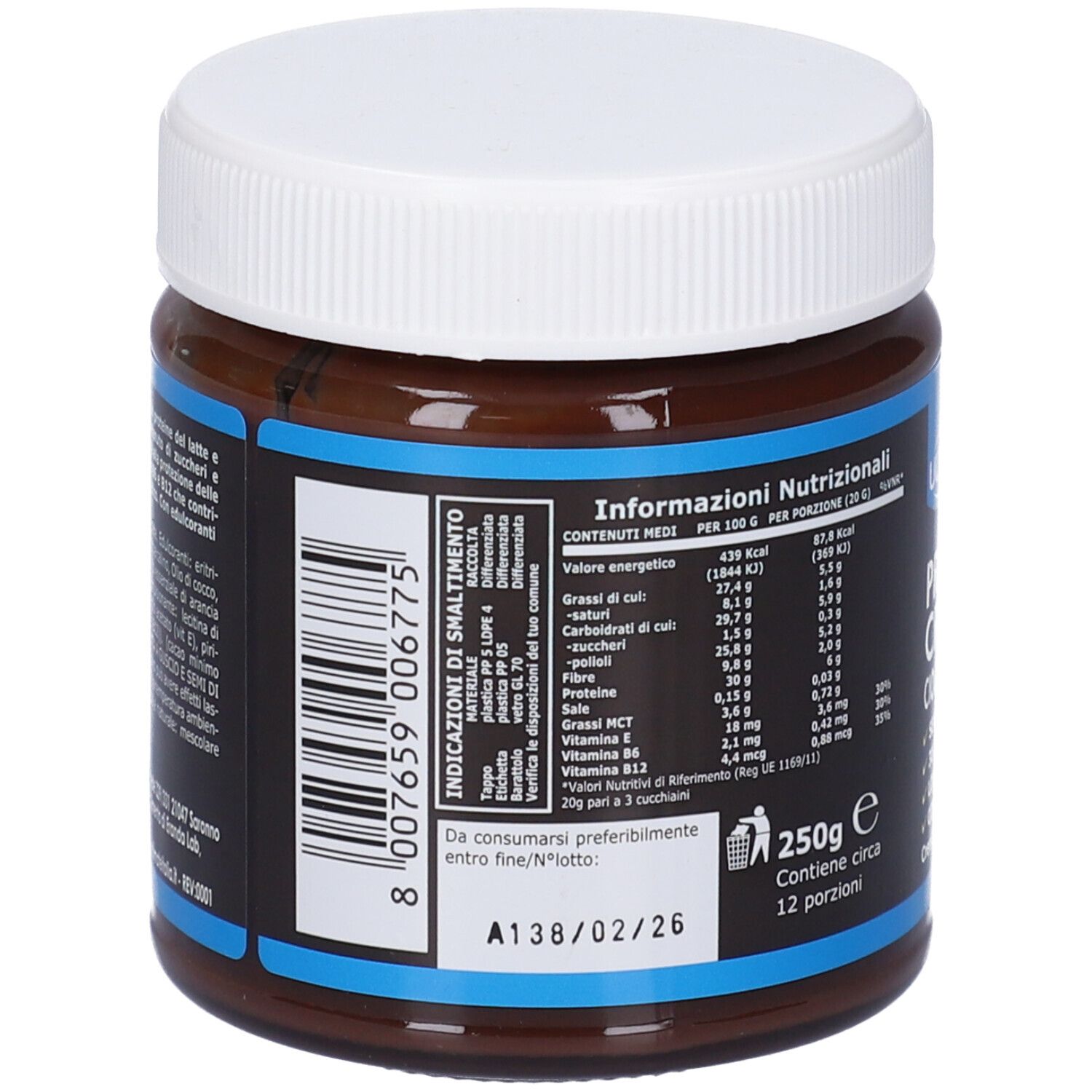 Retro del barattolo. Sfondo nero con testi bianchi. Codice a barre e informazioni nutrizionali. 250g, 12 porzioni.