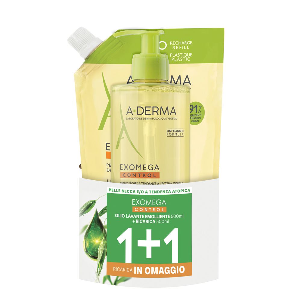A-DERMA Exomega Control Special Pack 1+1 Olio Lavante Emolliente 500ml + Eco Ricarica 500ml